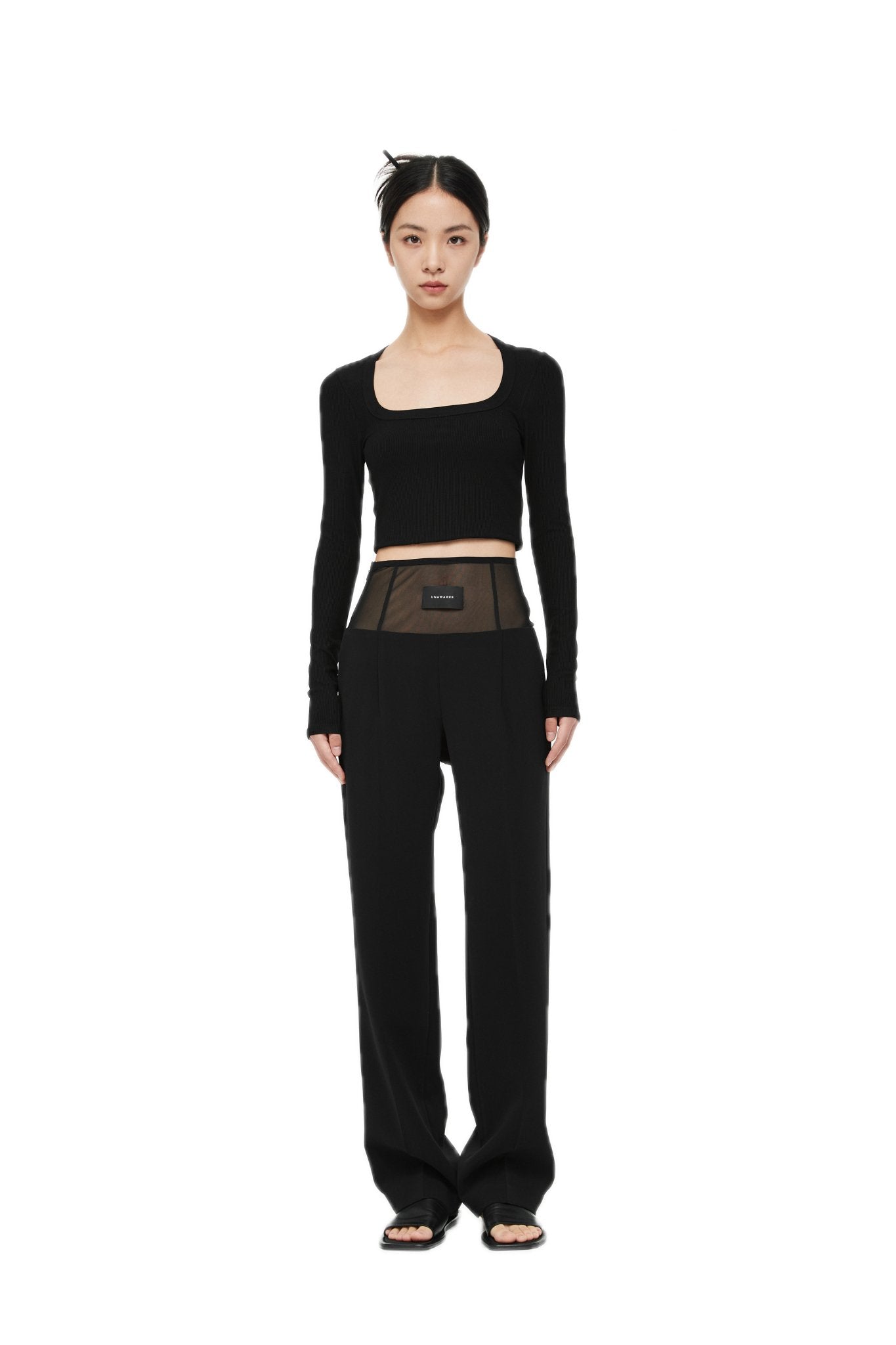 UNAWARES Black Customized Inverted Triangle Buckle Square Collar Ribbed Long sleeve Shirt | MADA IN CHINA