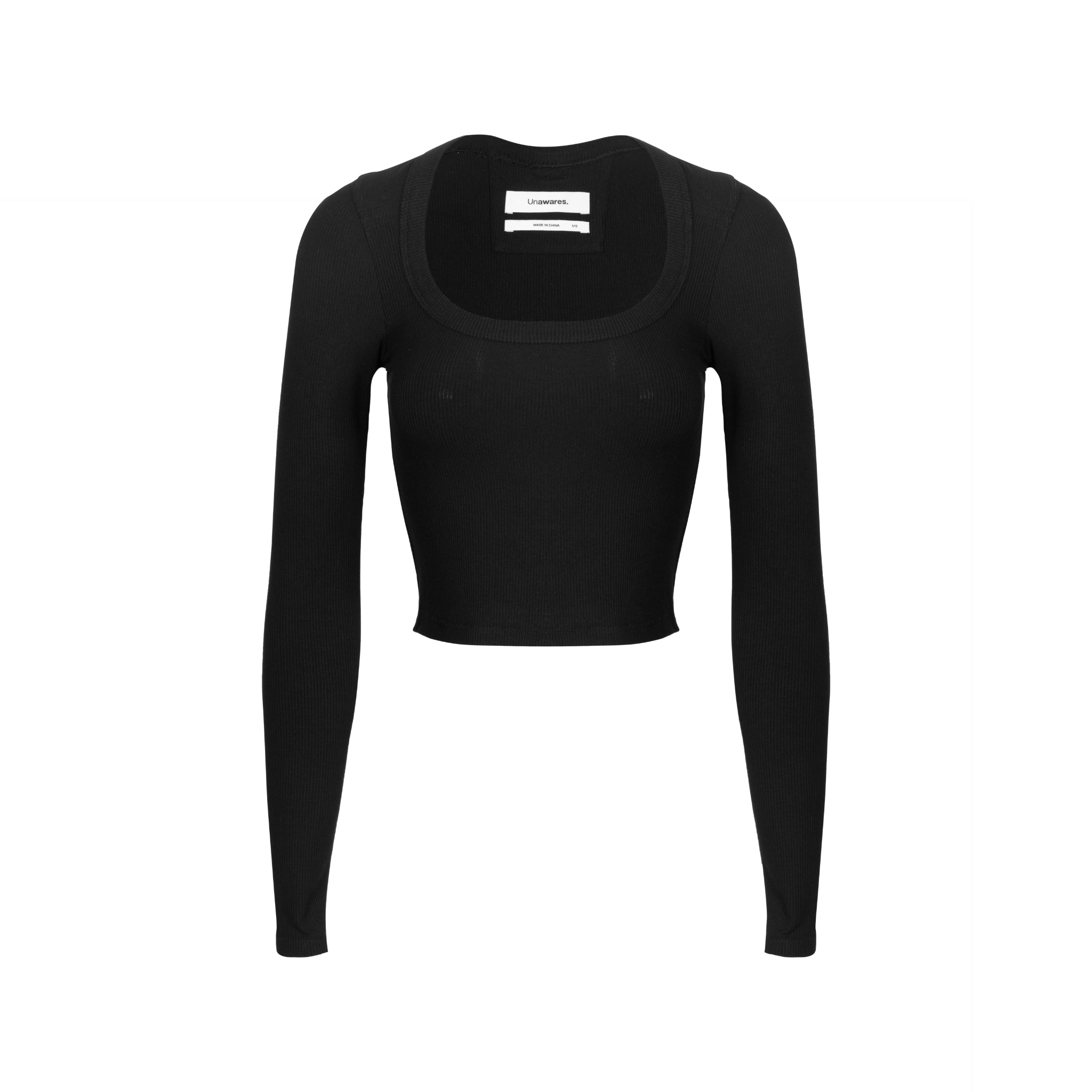 UNAWARES Black Customized Inverted Triangle Buckle Square Collar Ribbed Long sleeve Shirt | MADA IN CHINA