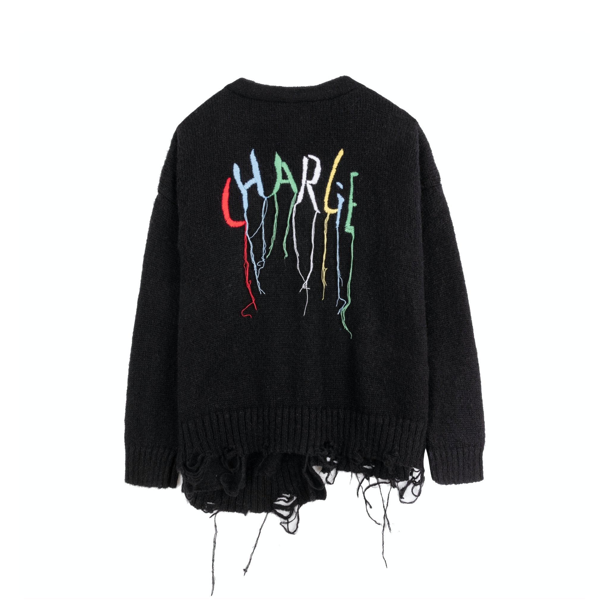 CHARLIE LUCIANO Black Destroyed Fringe Logo Print Cardigan | MADA IN CHINA