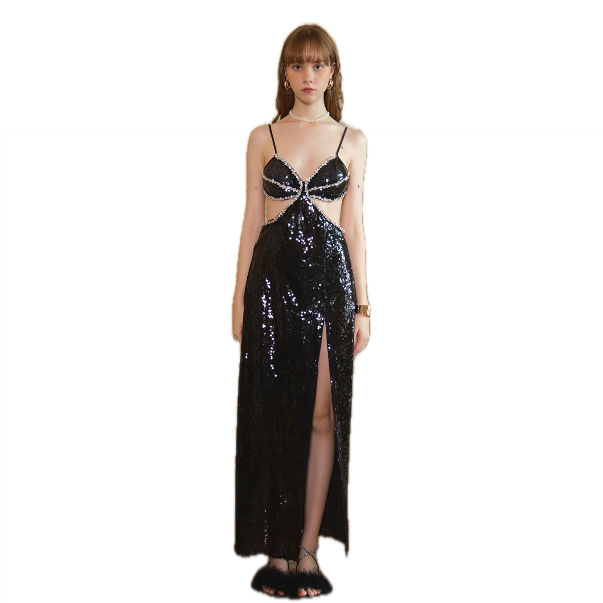 ARTE PURA Black Diamond Chain Slit Sequin Long Dress | MADA IN CHINA