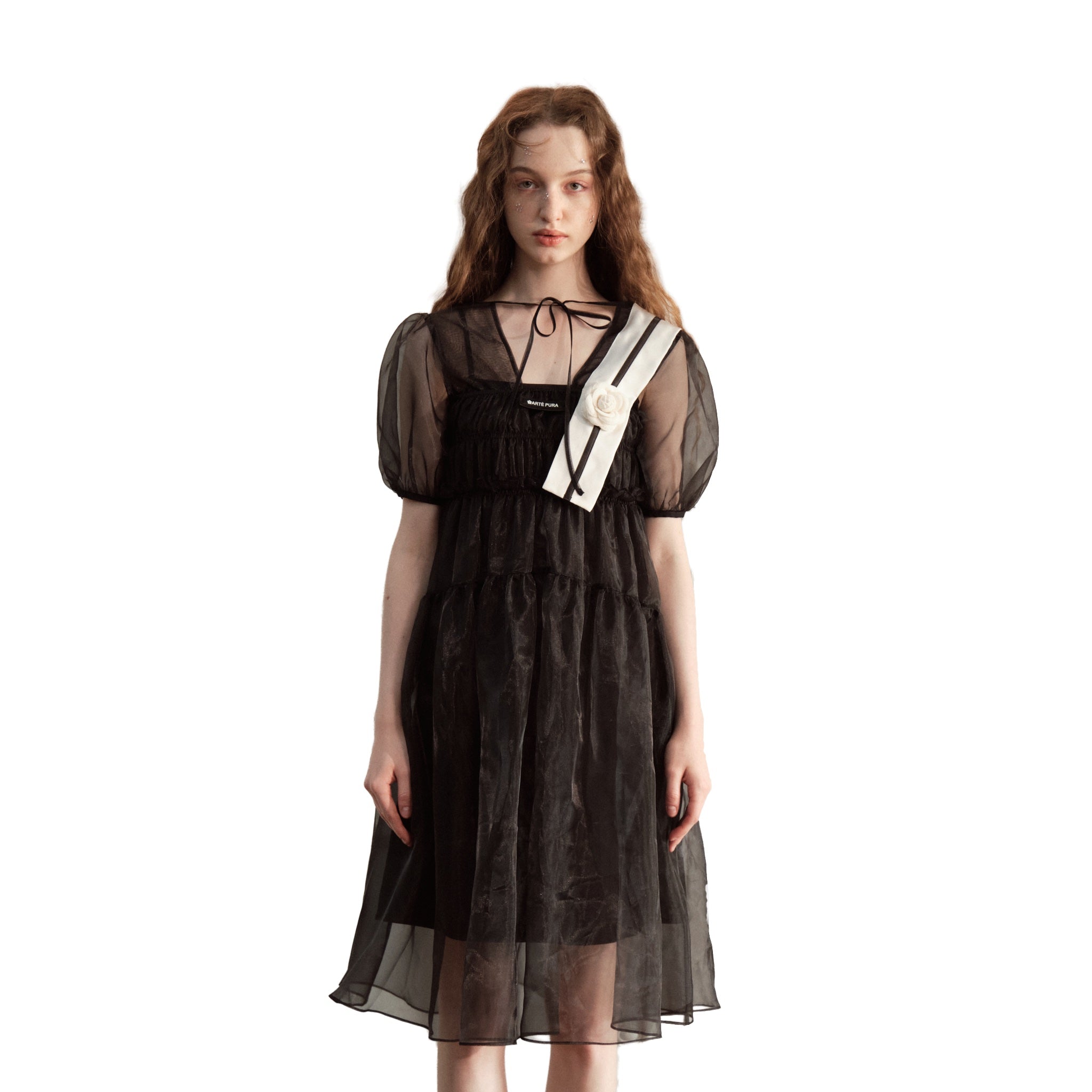 ARTE PURA Black Floral Gauze Dress With White Ribbon | MADA IN CHINA