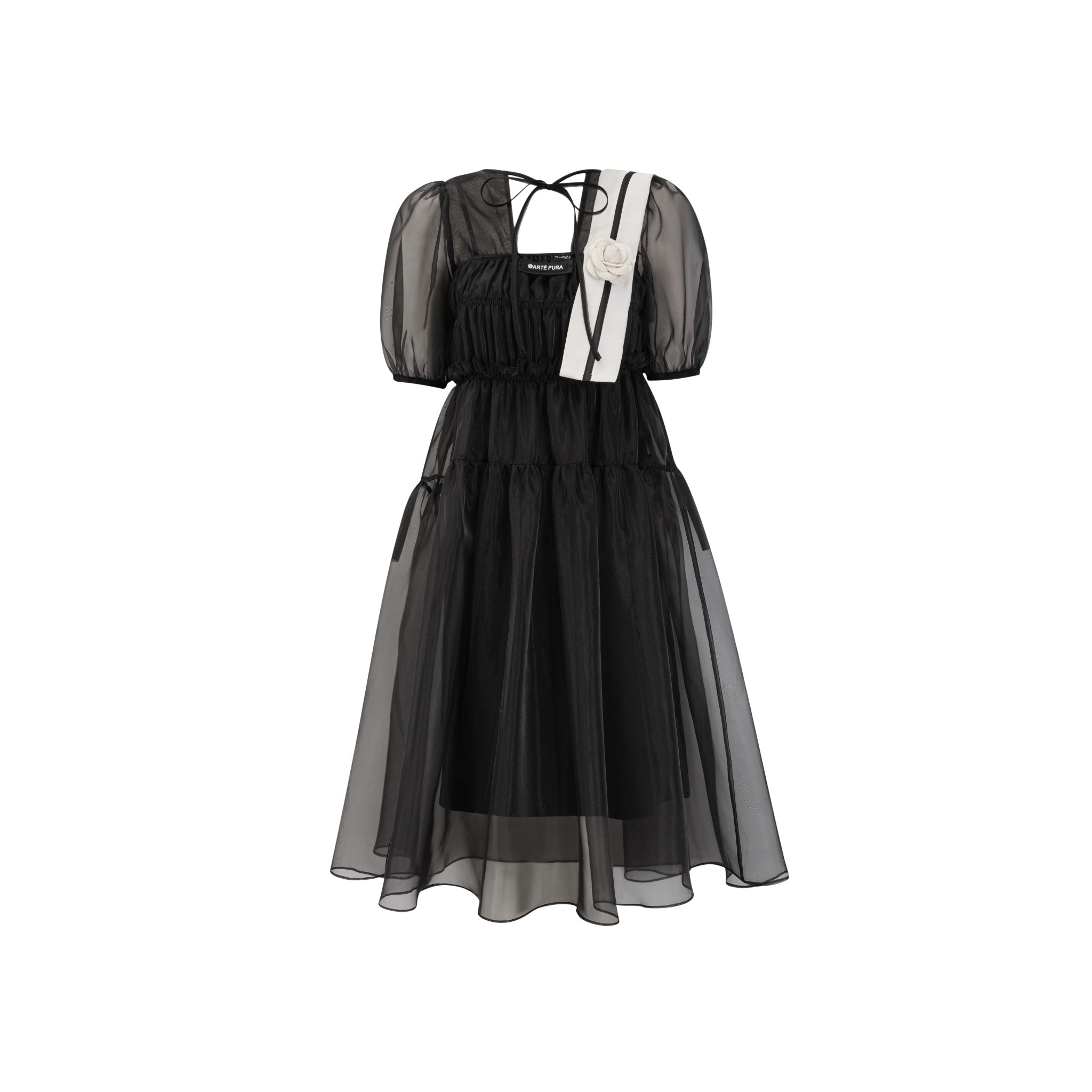 ARTE PURA Black Floral Gauze Dress With White Ribbon | MADA IN CHINA