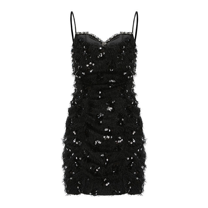 ARTE PURA Black Fur Ruffled Halter Dress | MADA IN CHINA