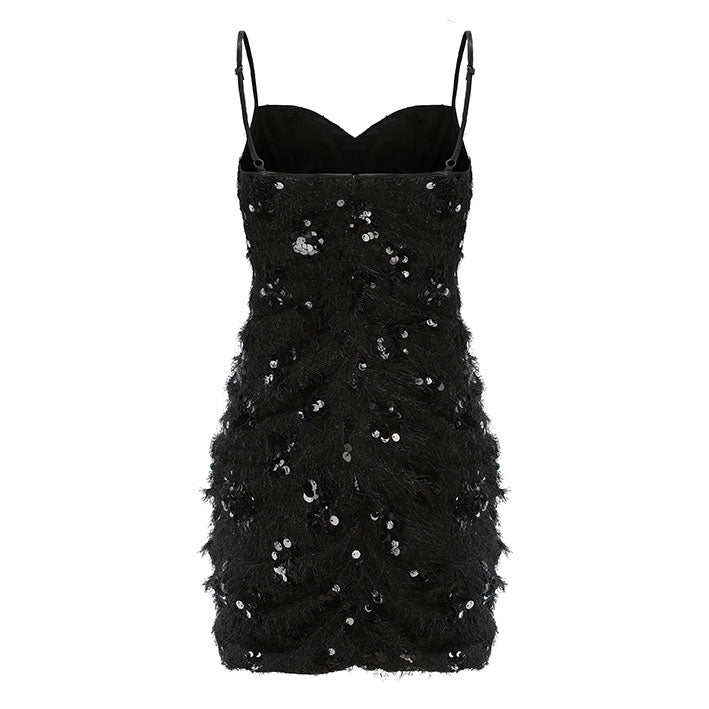 ARTE PURA Black Fur Ruffled Halter Dress | MADA IN CHINA