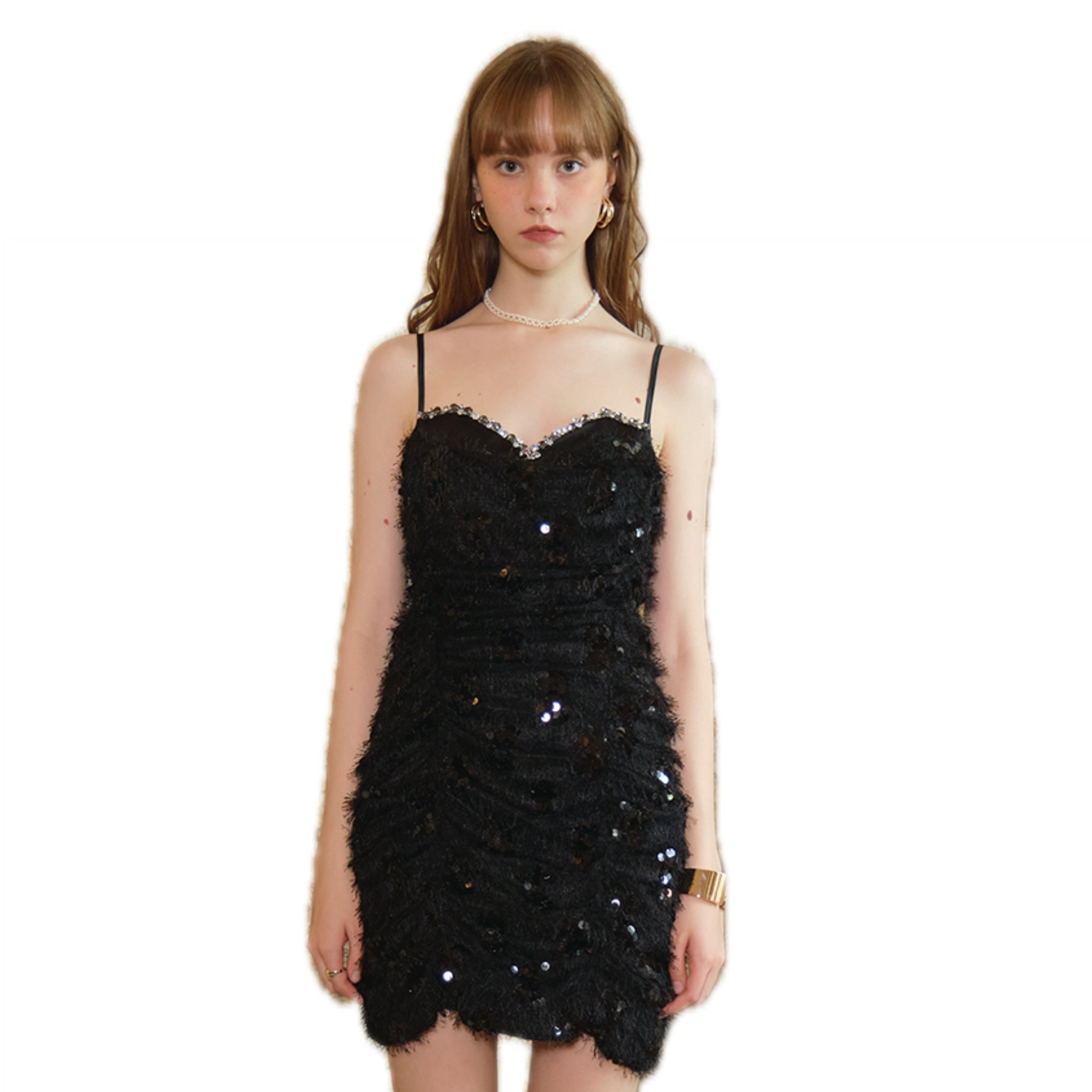 ARTE PURA Black Fur Ruffled Halter Dress | MADA IN CHINA