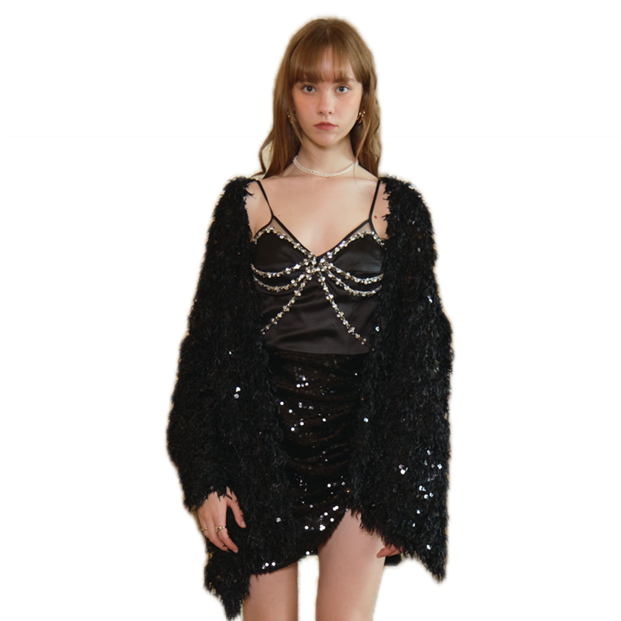 ARTE PURA Black Fur Sequin Shawl | MADA IN CHINA