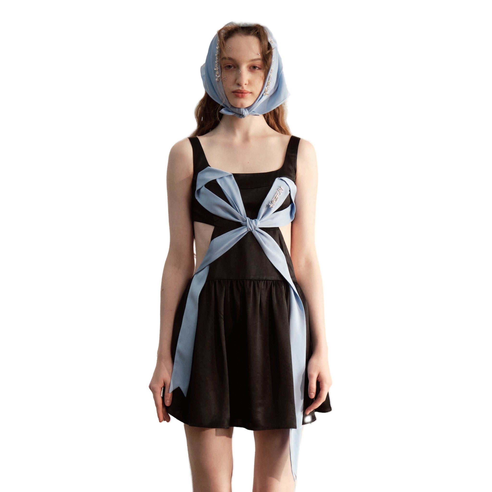 ARTE PURA Black Hollow Slip Dress With Blue Bow Tie | MADA IN CHINA