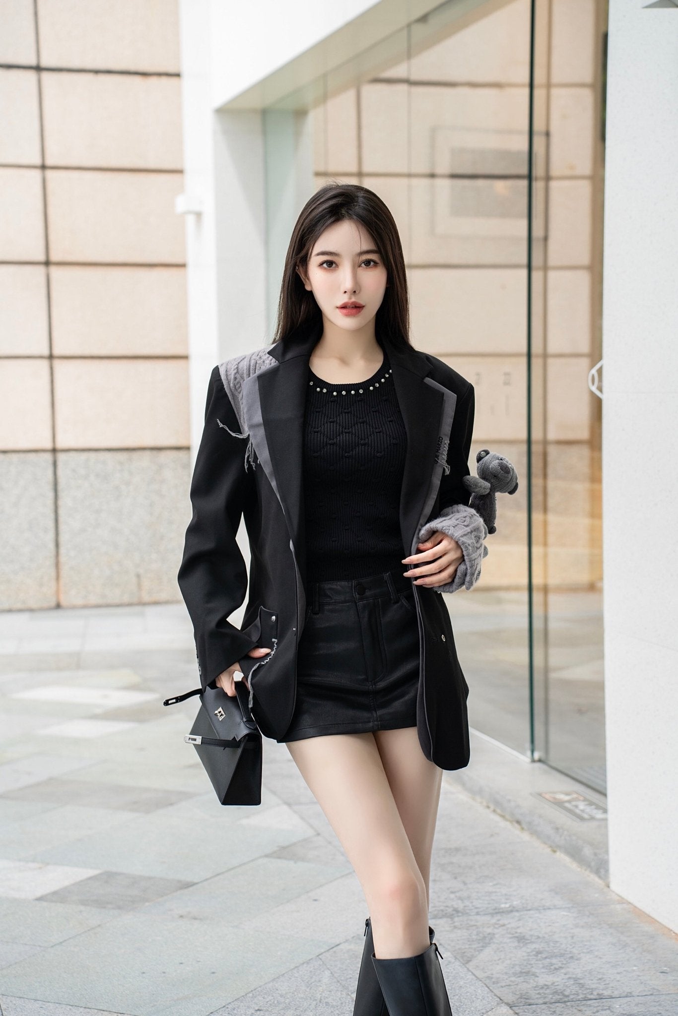 13DE MARZO Black Knitted Patchwork Pleated Suit Jacket | MADA IN CHINA