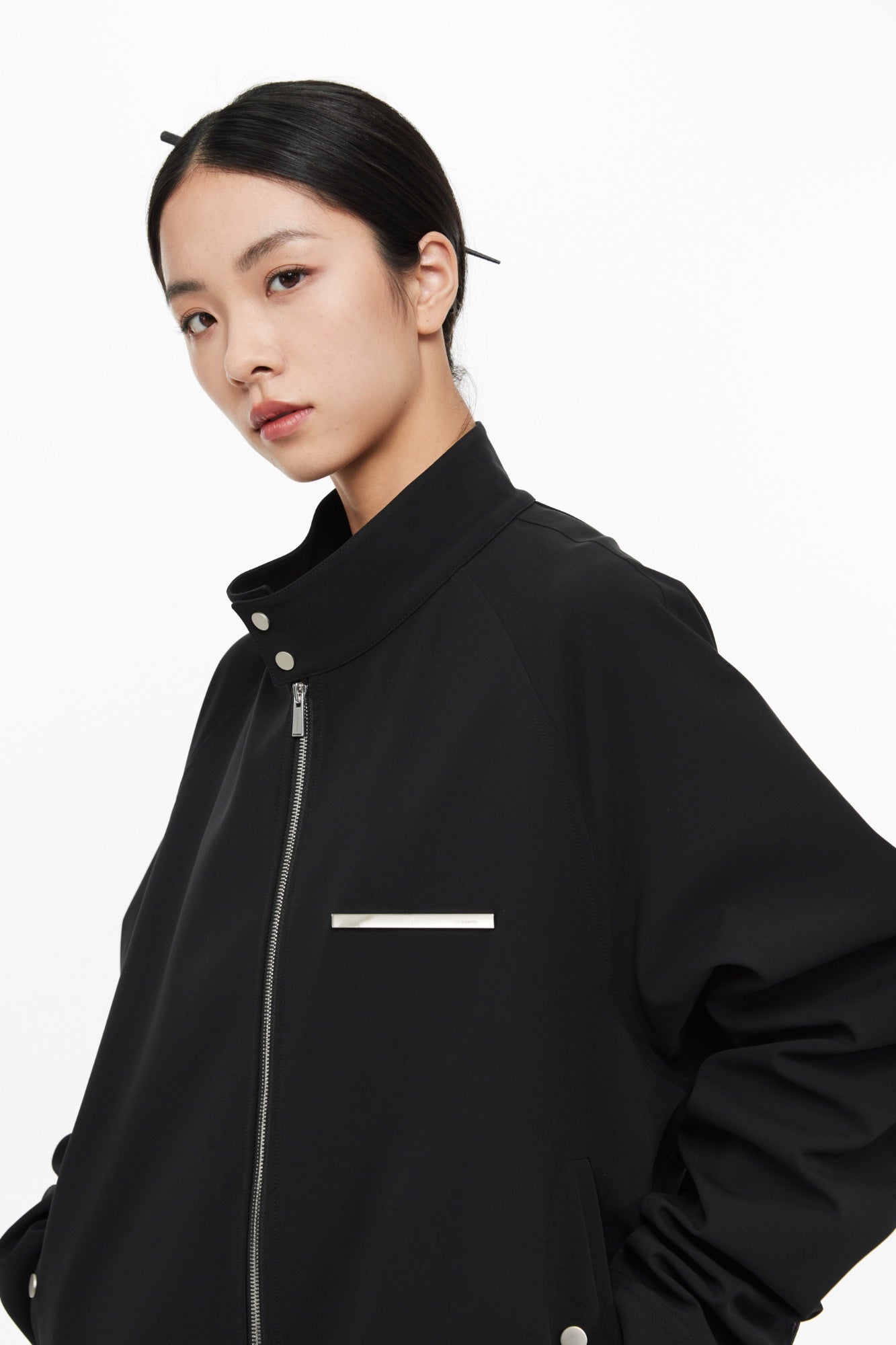 UNAWARES Black Metal Chain Standing Collar Jacket | MADA IN CHINA