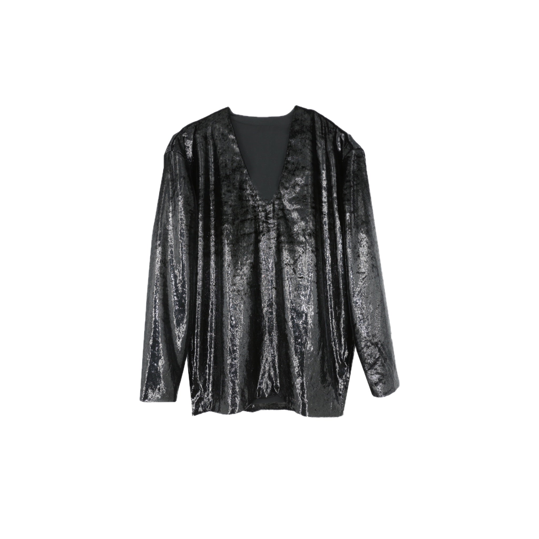 ilEWUOY Black Onion Velvet Laminated V-neck Shirt | MADA IN CHINA