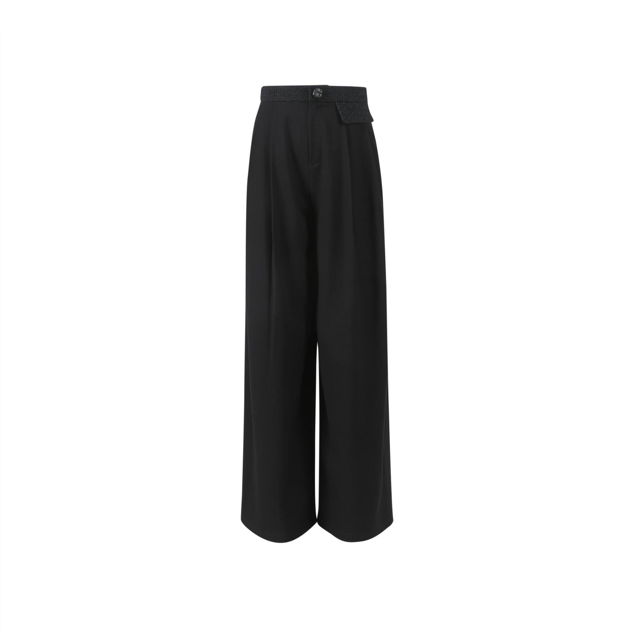 THREE QUARTERS Black Patchwork Wool Wide Leg Suit Pants | MADA IN CHINA