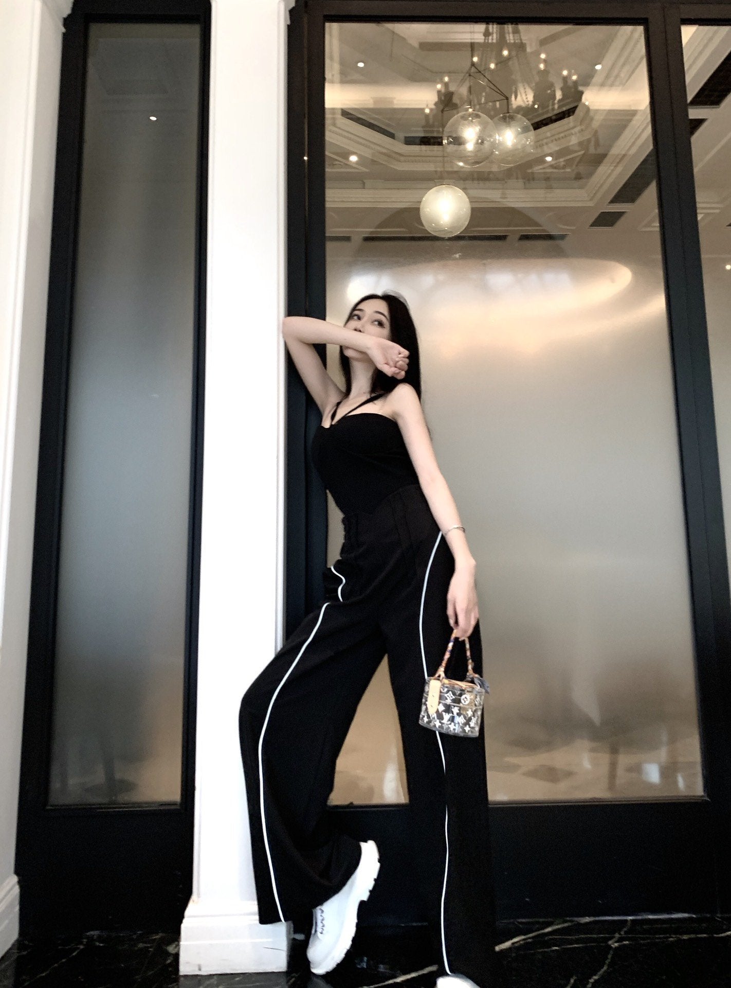 THREE QUARTERS Black Reflective Strip Pants | MADA IN CHINA