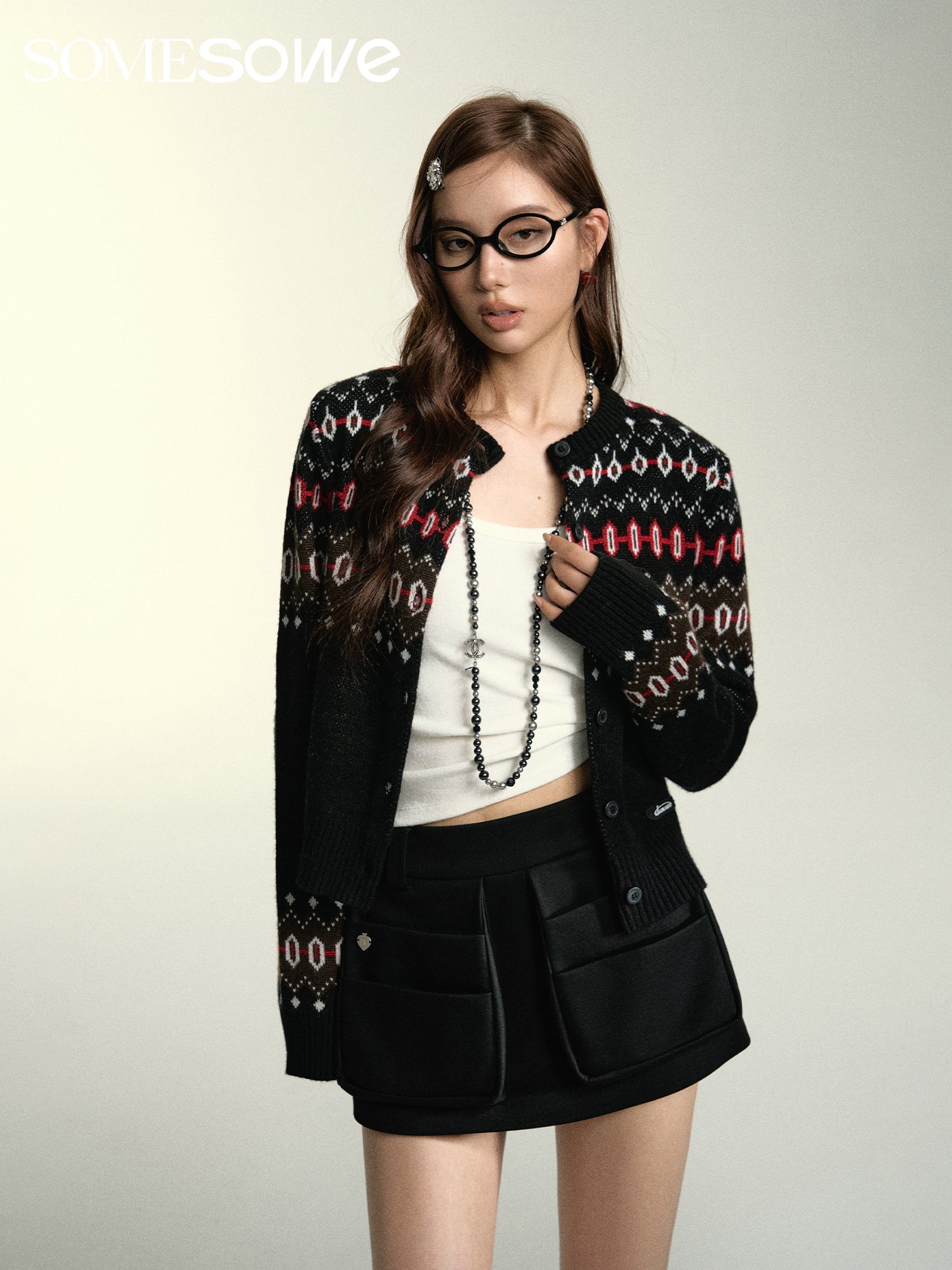 SOMESOWE Black Retro Fair Isle Cardigan | MADA IN CHINA