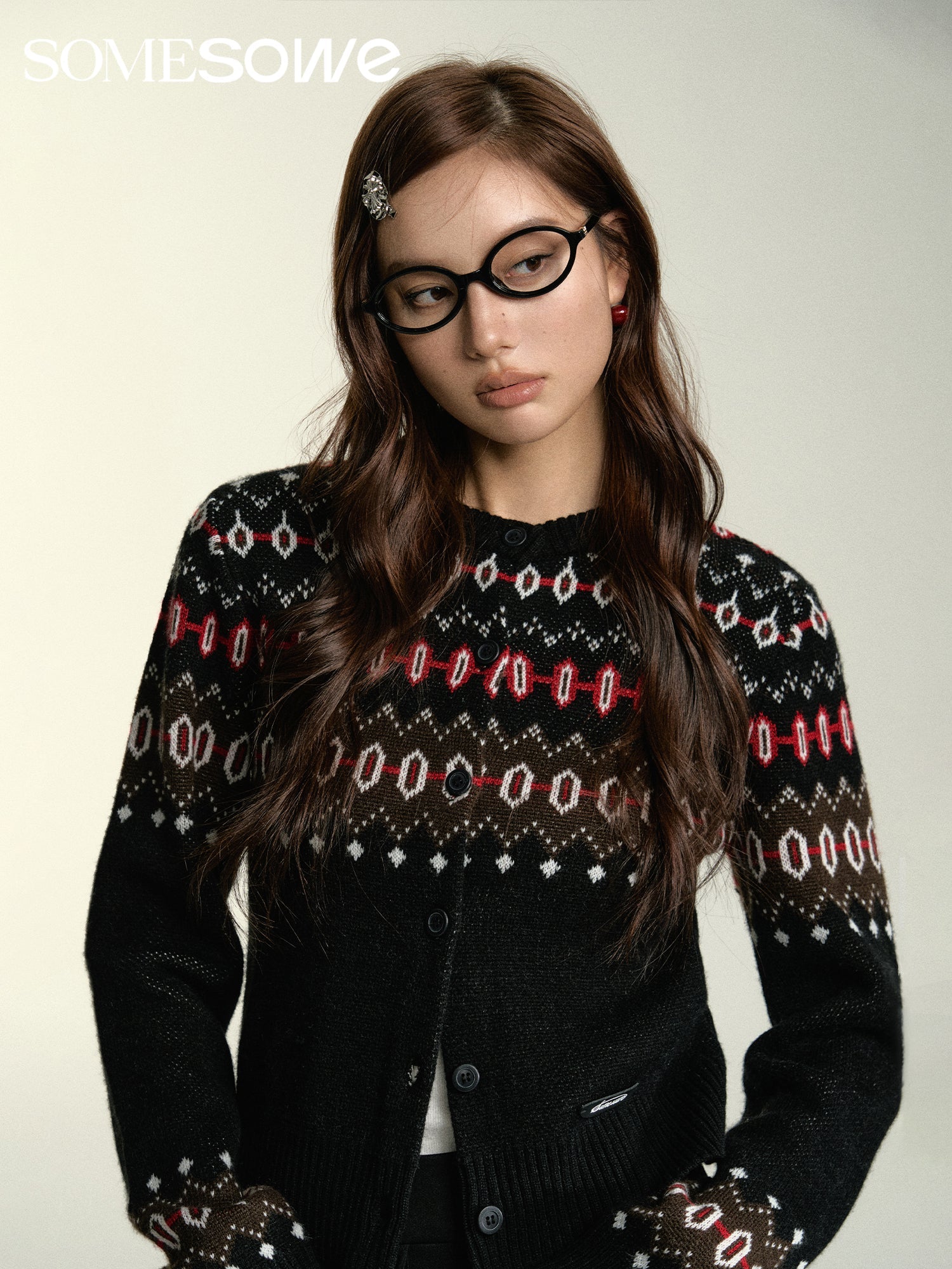 SOMESOWE Black Retro Fair Isle Cardigan | MADA IN CHINA