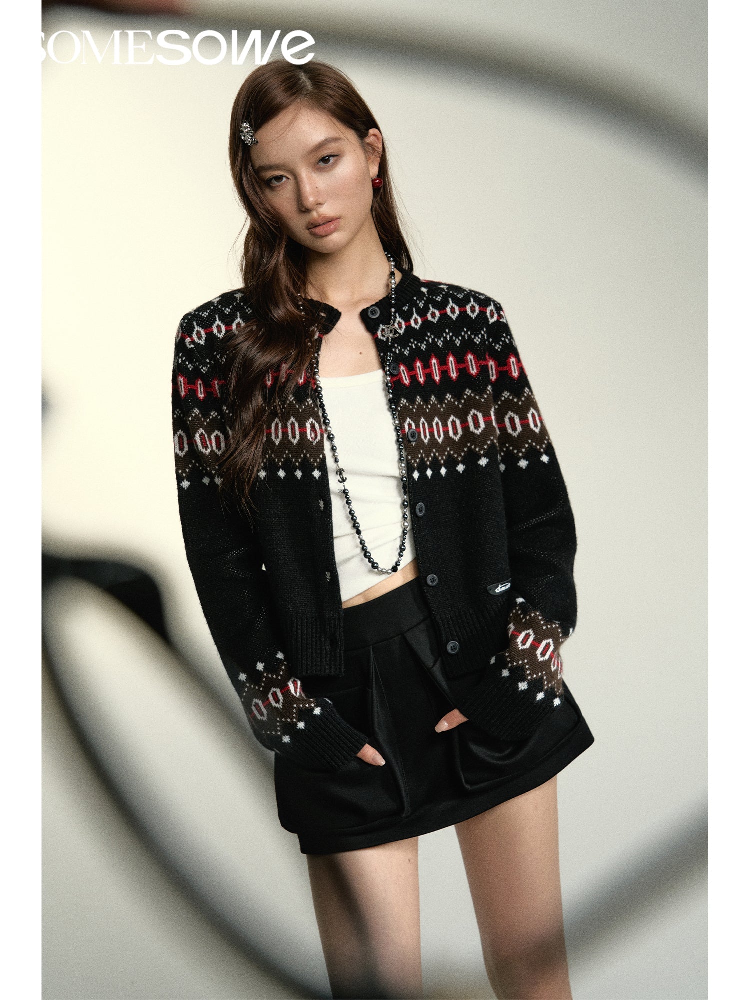 SOMESOWE Black Retro Fair Isle Cardigan | MADA IN CHINA