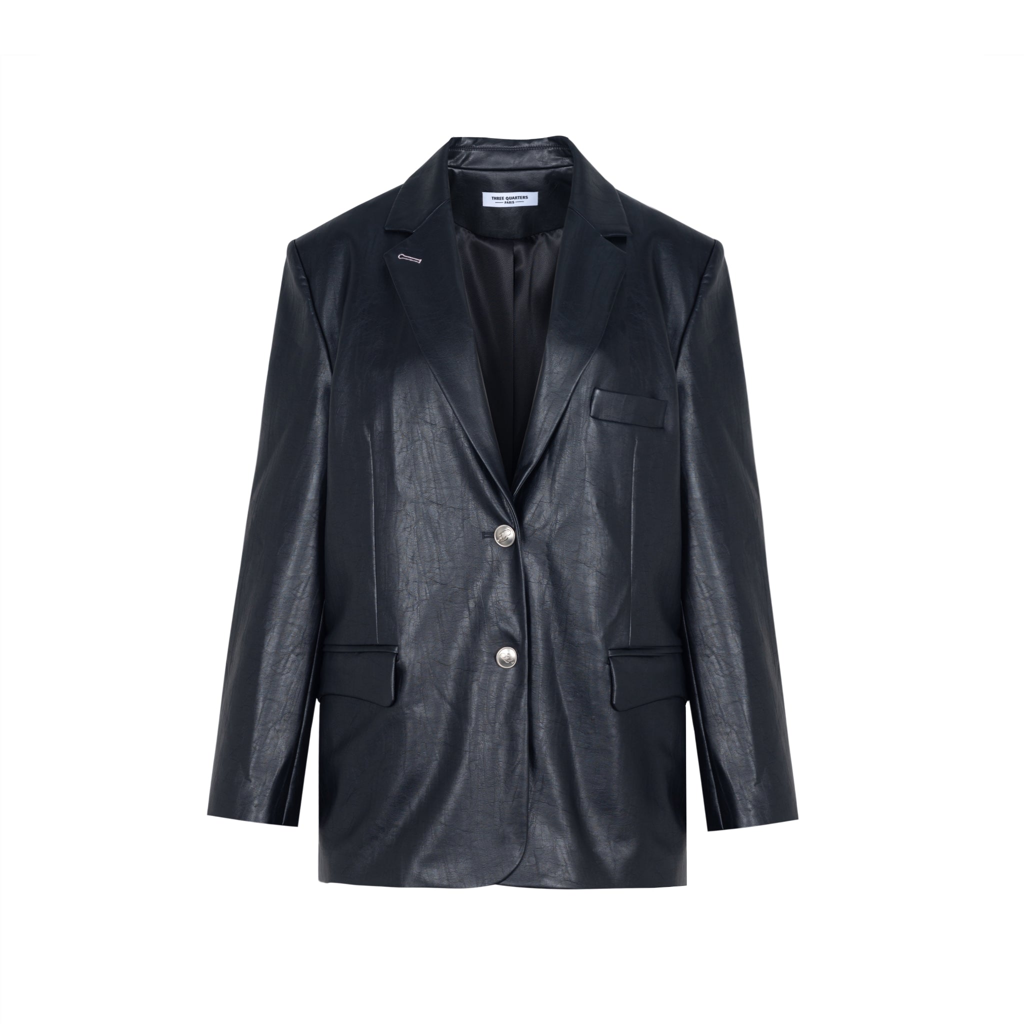 THREE QUARTERS Black Retro Washed Faux Leather Blazer | MADA IN CHINA