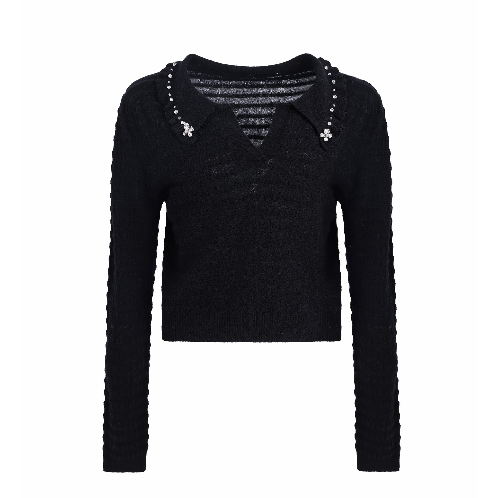 DIANA VEVINA Black Rhinestone Pleated Striped V-Neck Top | MADA IN CHINA