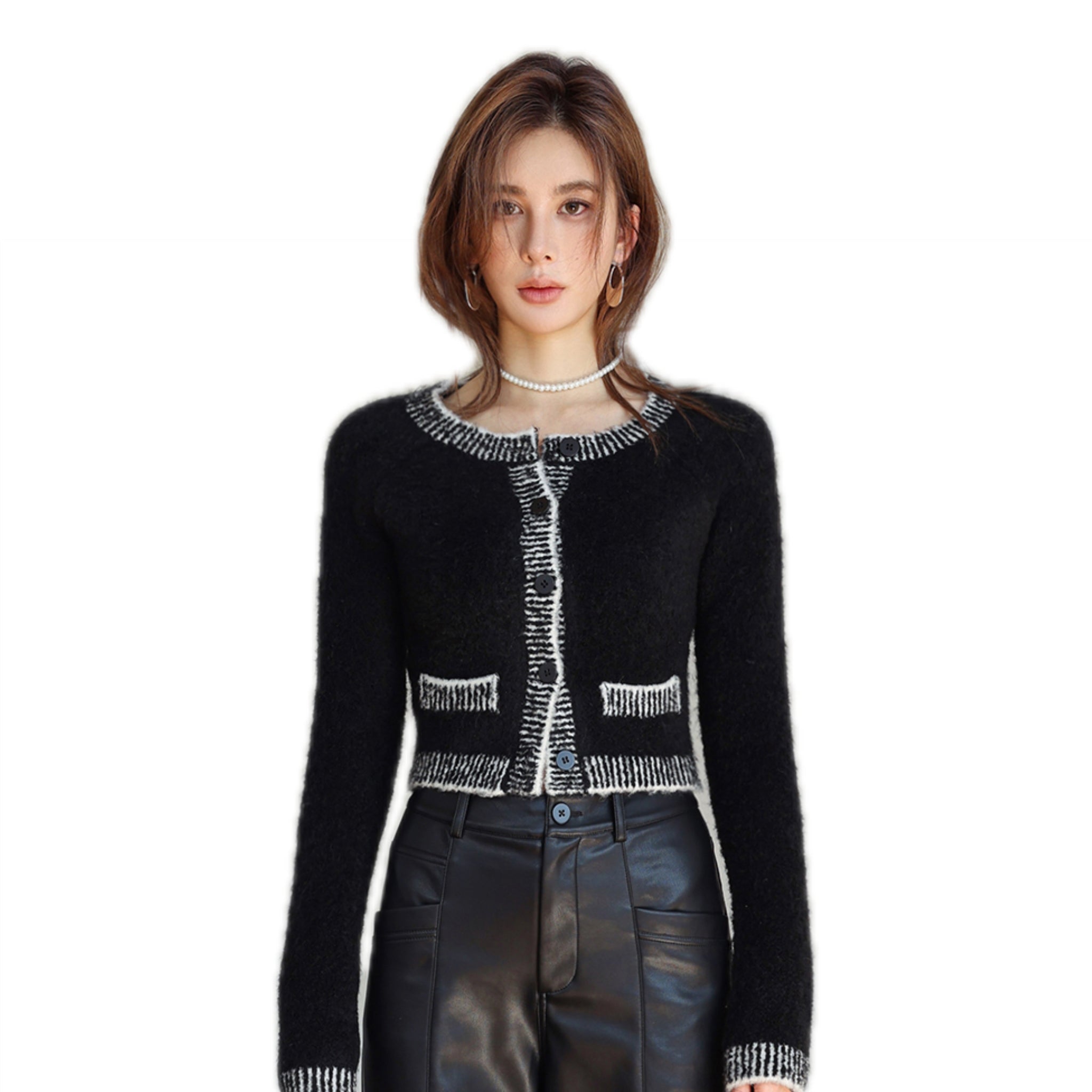 SOMESOWE Black Round Neck Short Cardigan | MADA IN CHINA