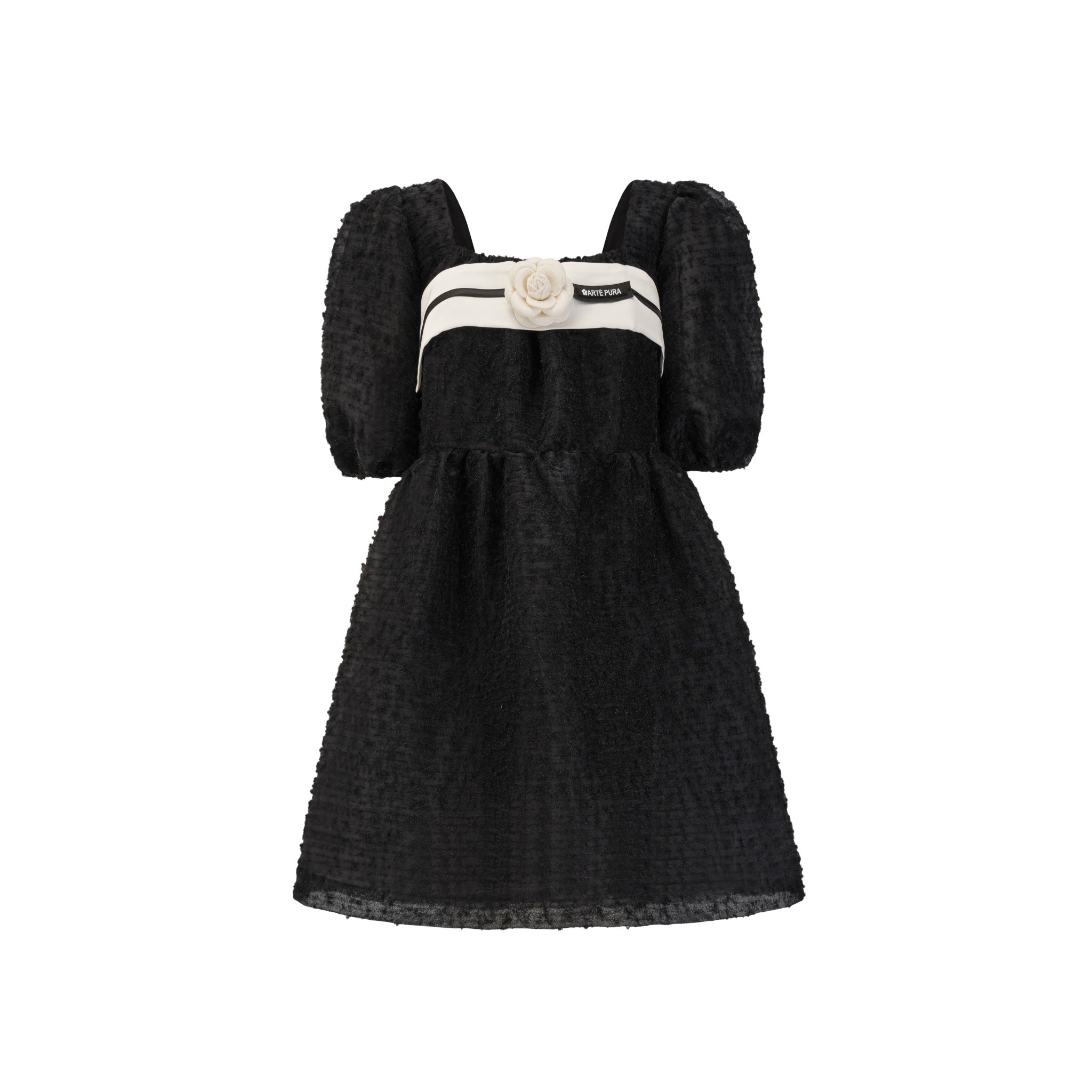 ARTE PURA Black Seersucker Dress With White Floral Ribbon | MADA IN CHINA