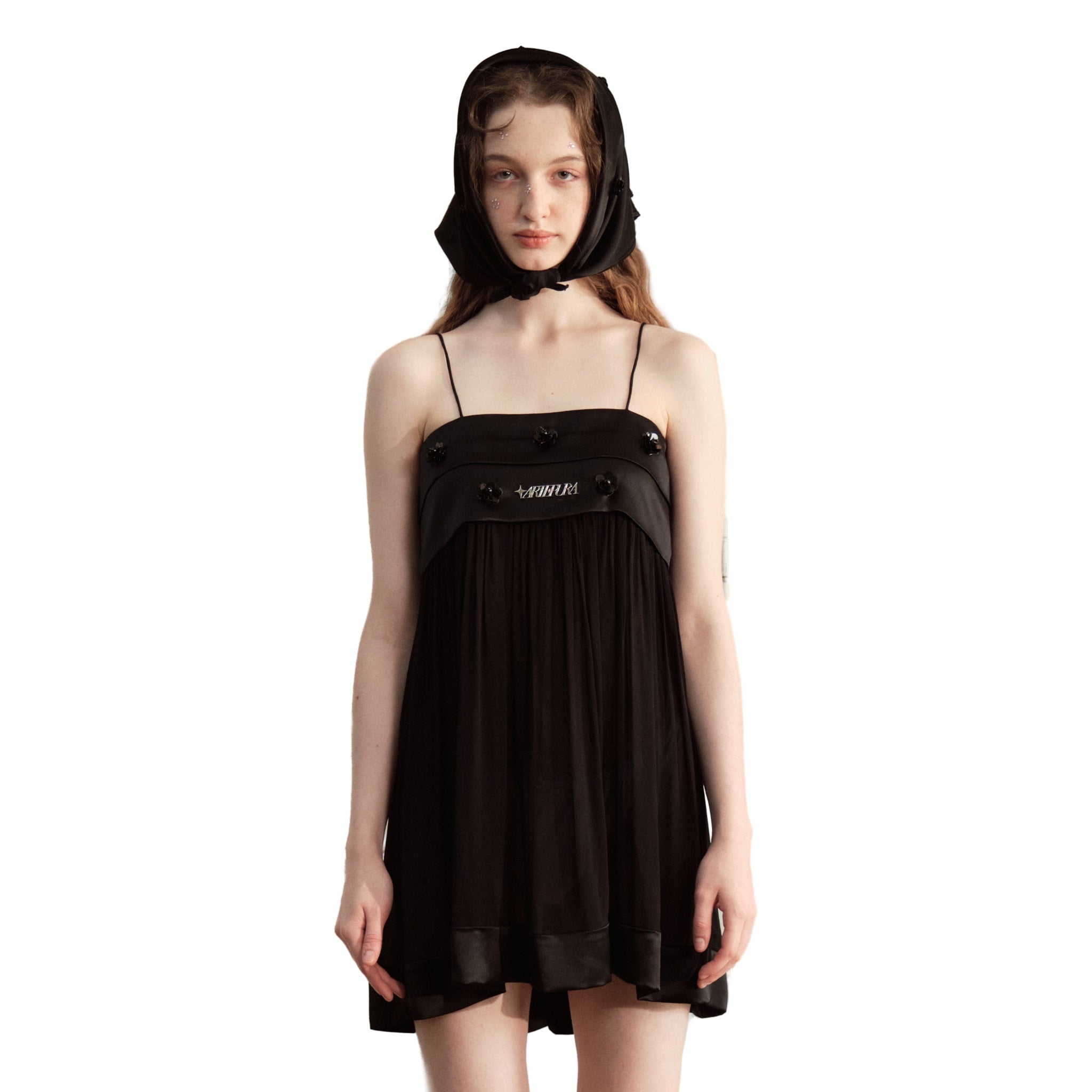 ARTE PURA Black Short Floral Slip Dress With Ribbon | MADA IN CHINA