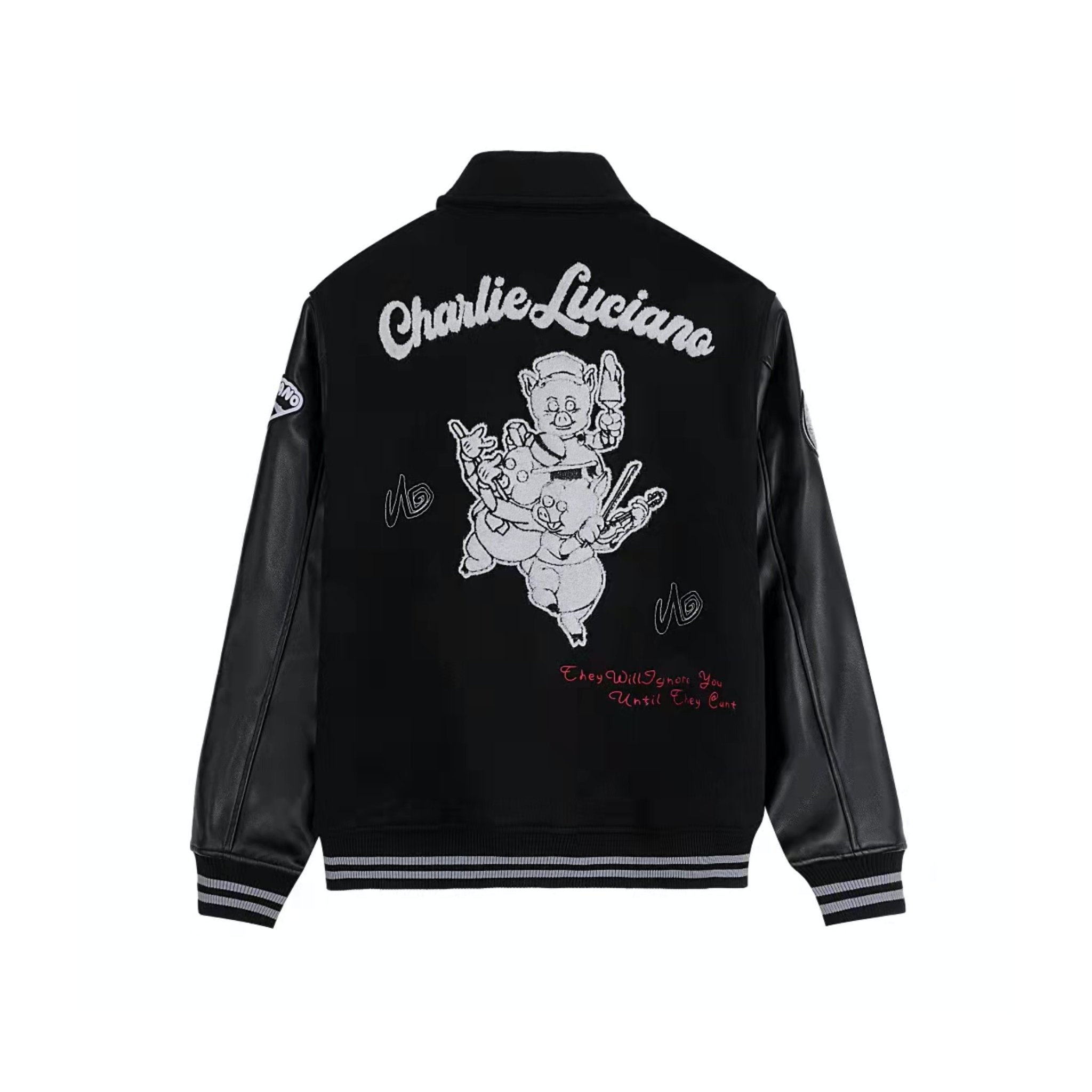 CHARLIE LUCIANO Black The Three Little Pigs Baseball Jacket | MADA IN CHINA