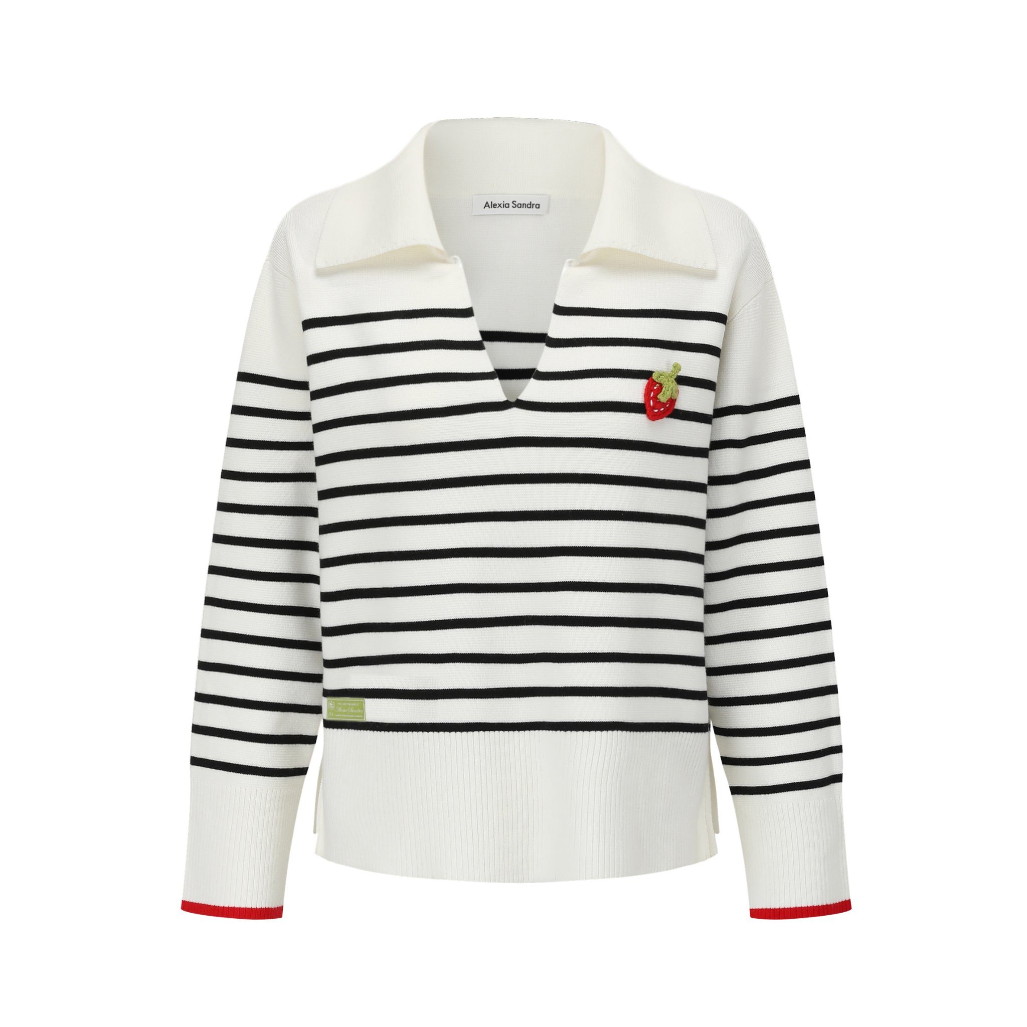 Alexia Sandra Black V-Neck Stripe Polo Sweater | MADA IN CHINA