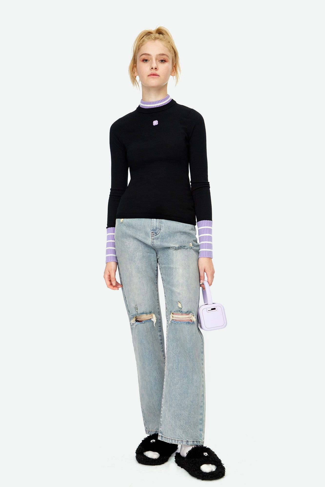 HERLIAN Black Wool Double Layer Collar Bottom Sweater | MADA IN CHINA