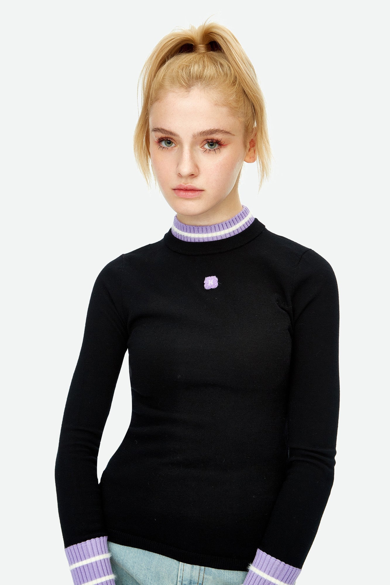 HERLIAN Black Wool Double Layer Collar Bottom Sweater | MADA IN CHINA