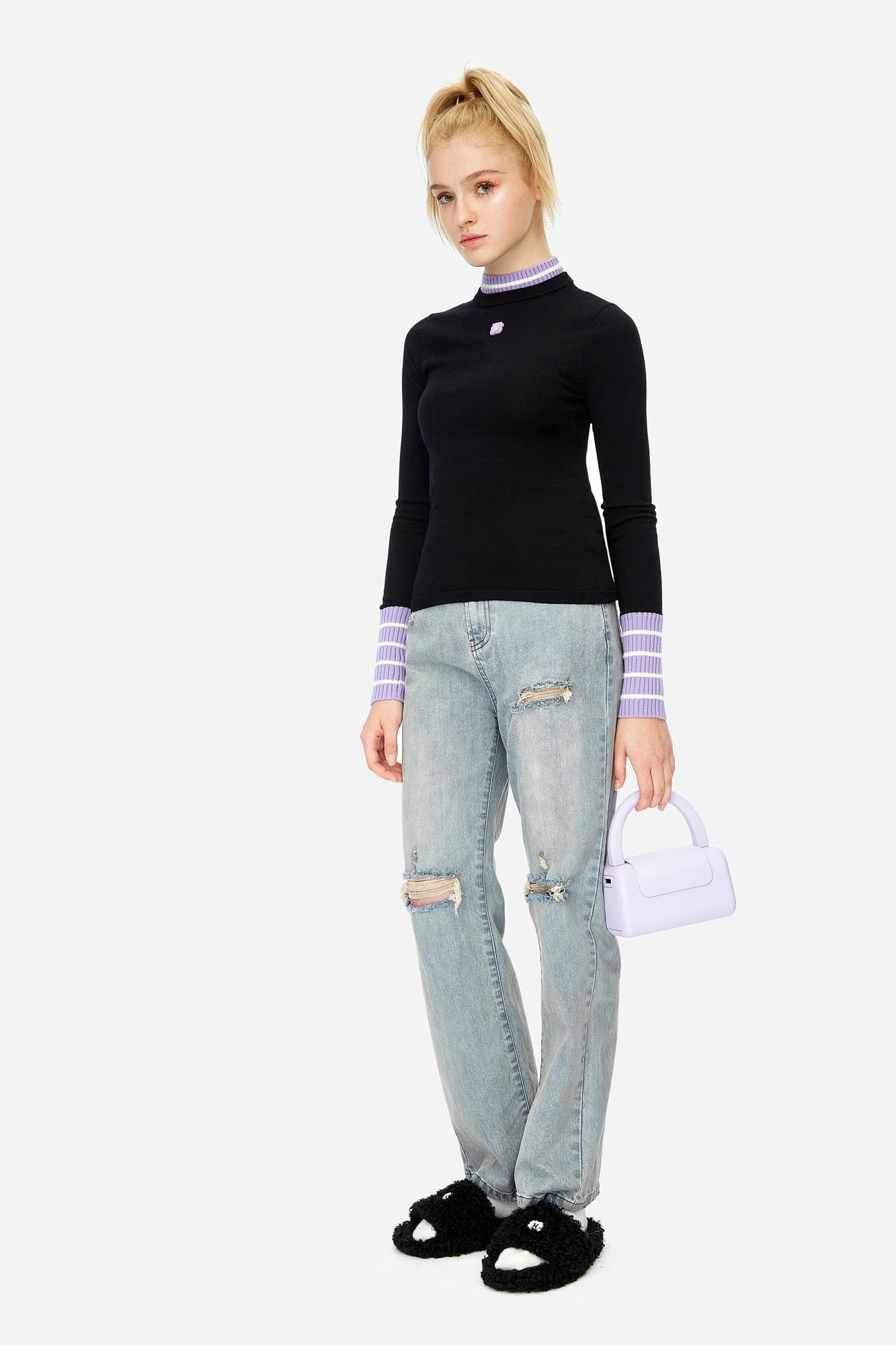 HERLIAN Black Wool Double Layer Collar Bottom Sweater | MADA IN CHINA