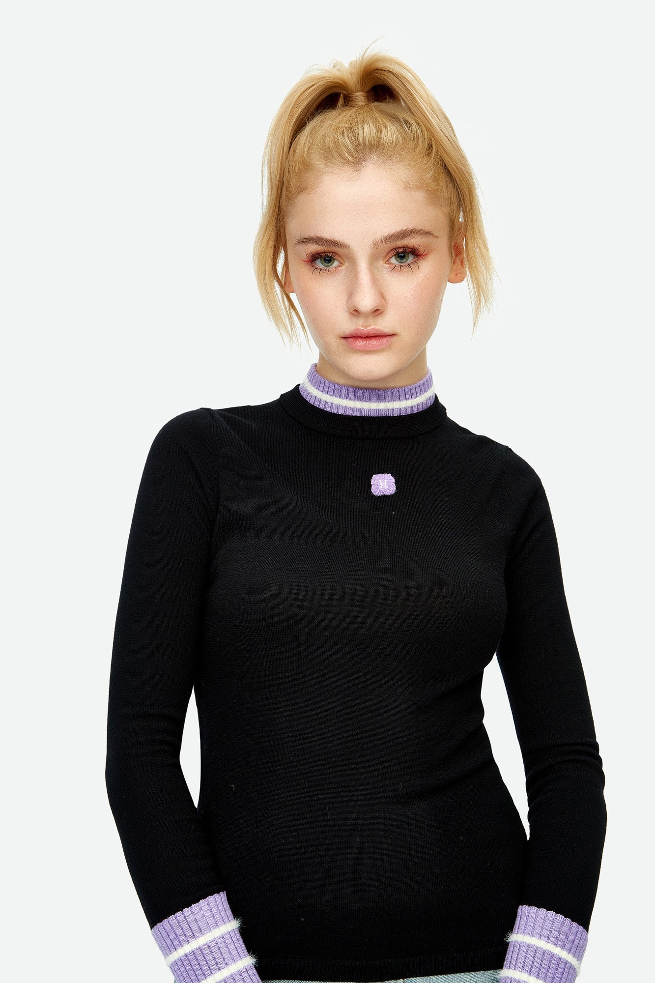 HERLIAN Black Wool Double Layer Collar Bottom Sweater | MADA IN CHINA