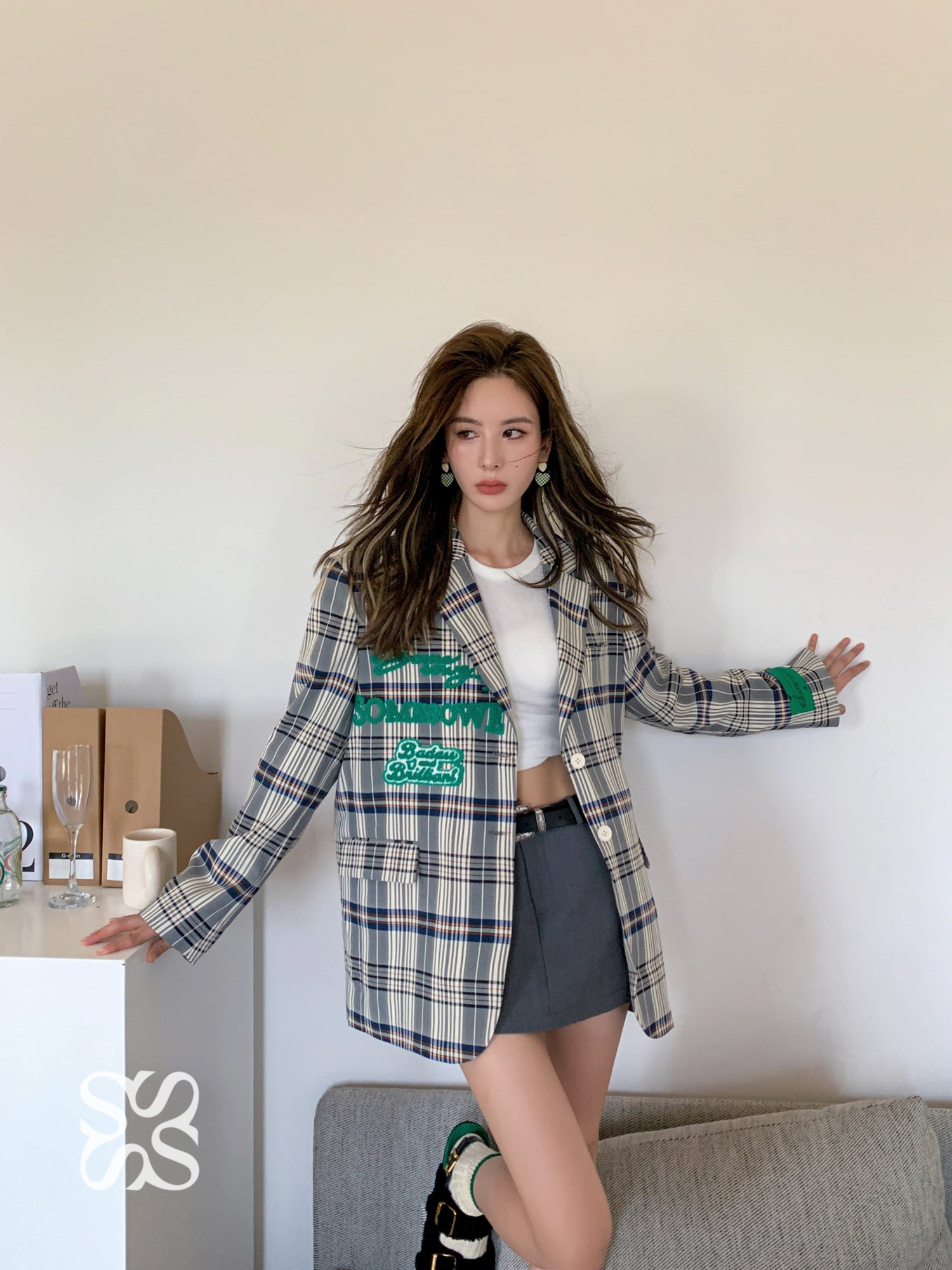 SOMESOWE Blue And Grey Retro Checkered Jacket | MADA IN CHINA