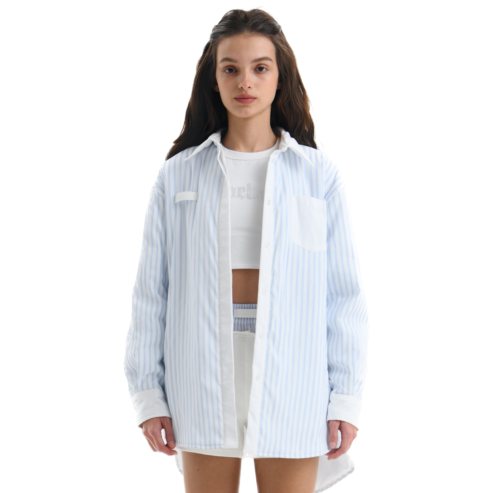 ANN ANDELMAN Blue and White Vertical Stripe Long Sleeve Shirts | MADA IN CHINA