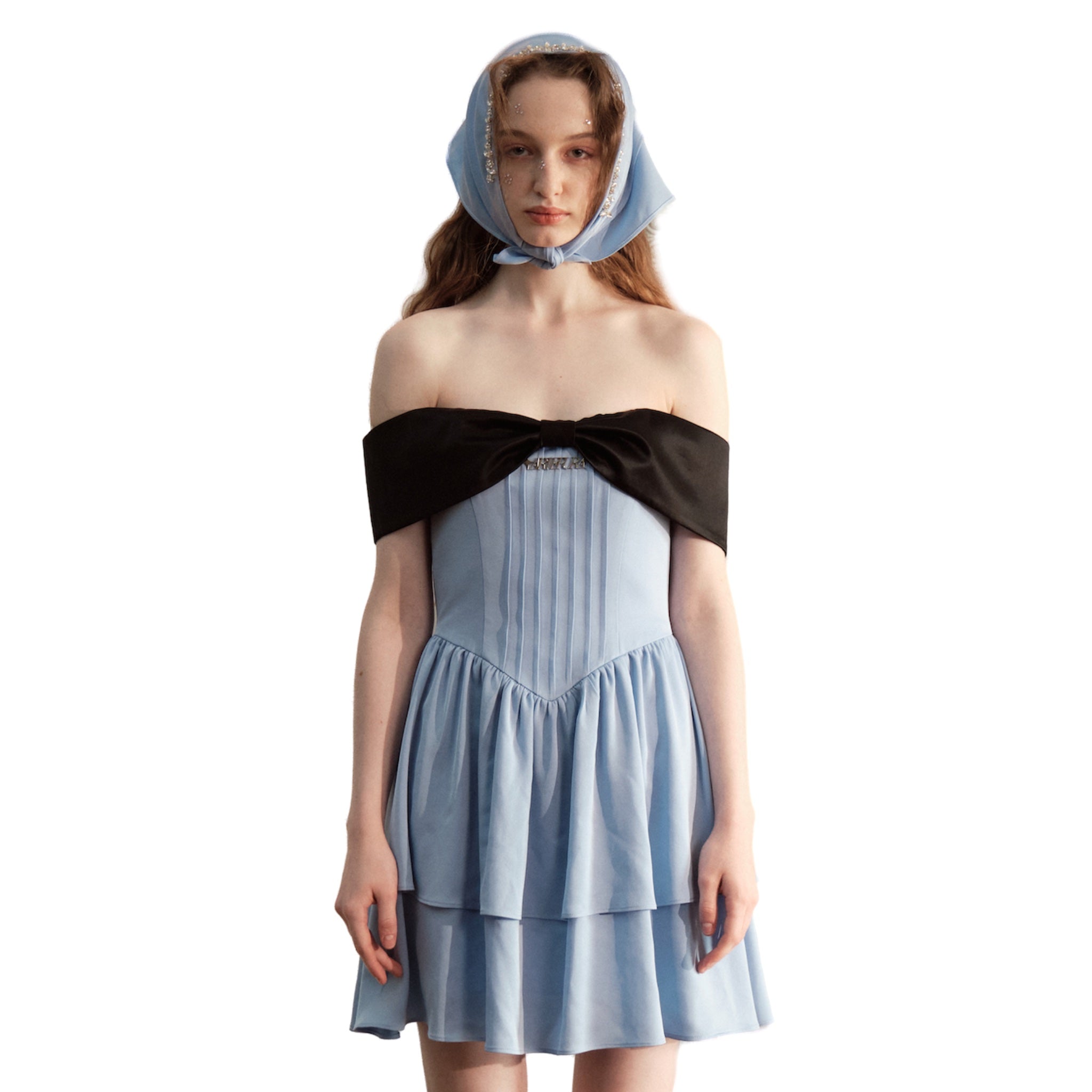 ARTE PURA Blue Bandeau Dress With Black Bow Tie | MADA IN CHINA