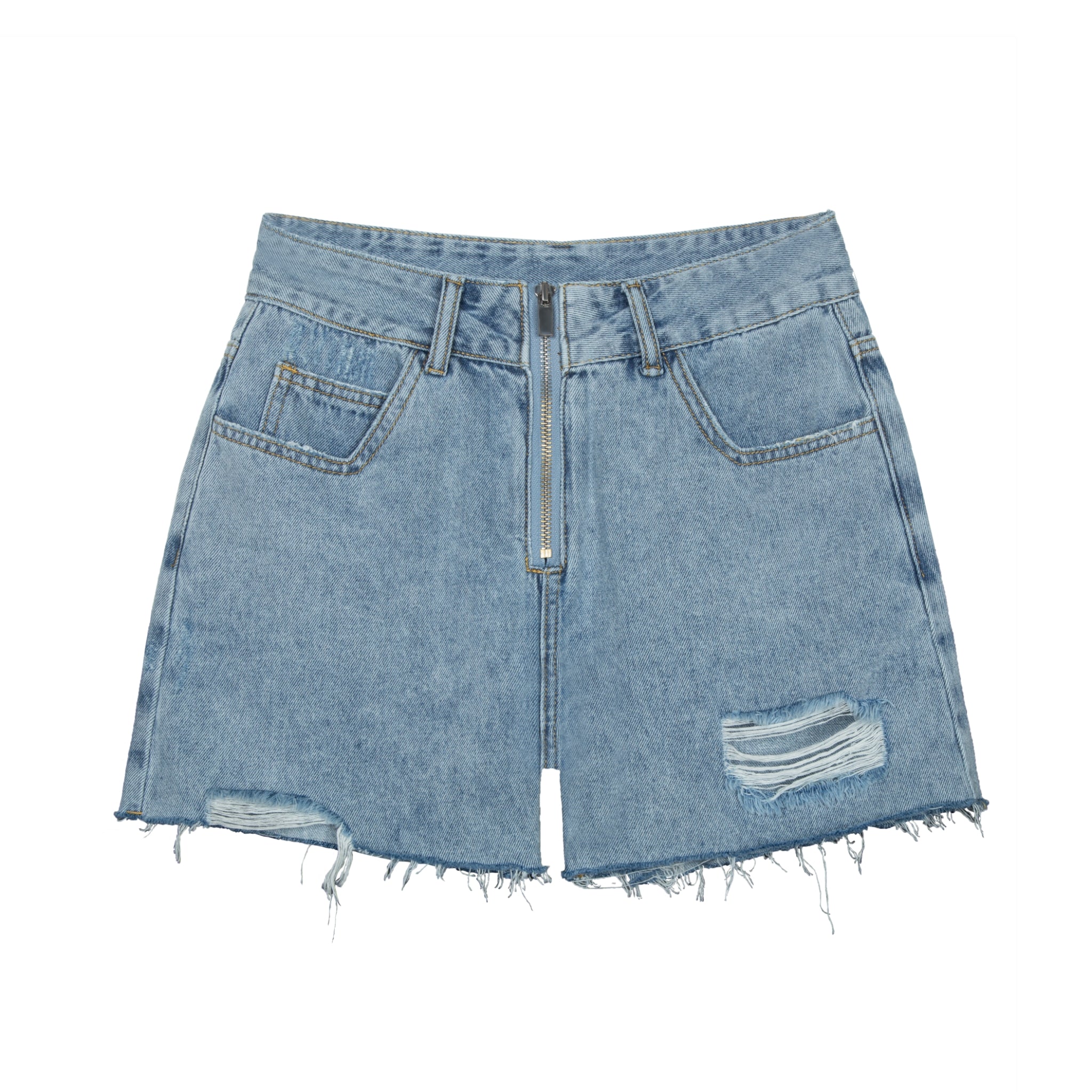 UNAWARES Blue Customized Laser Logo Zip Brushed Ripped Denim Shorts | MADA IN CHINA