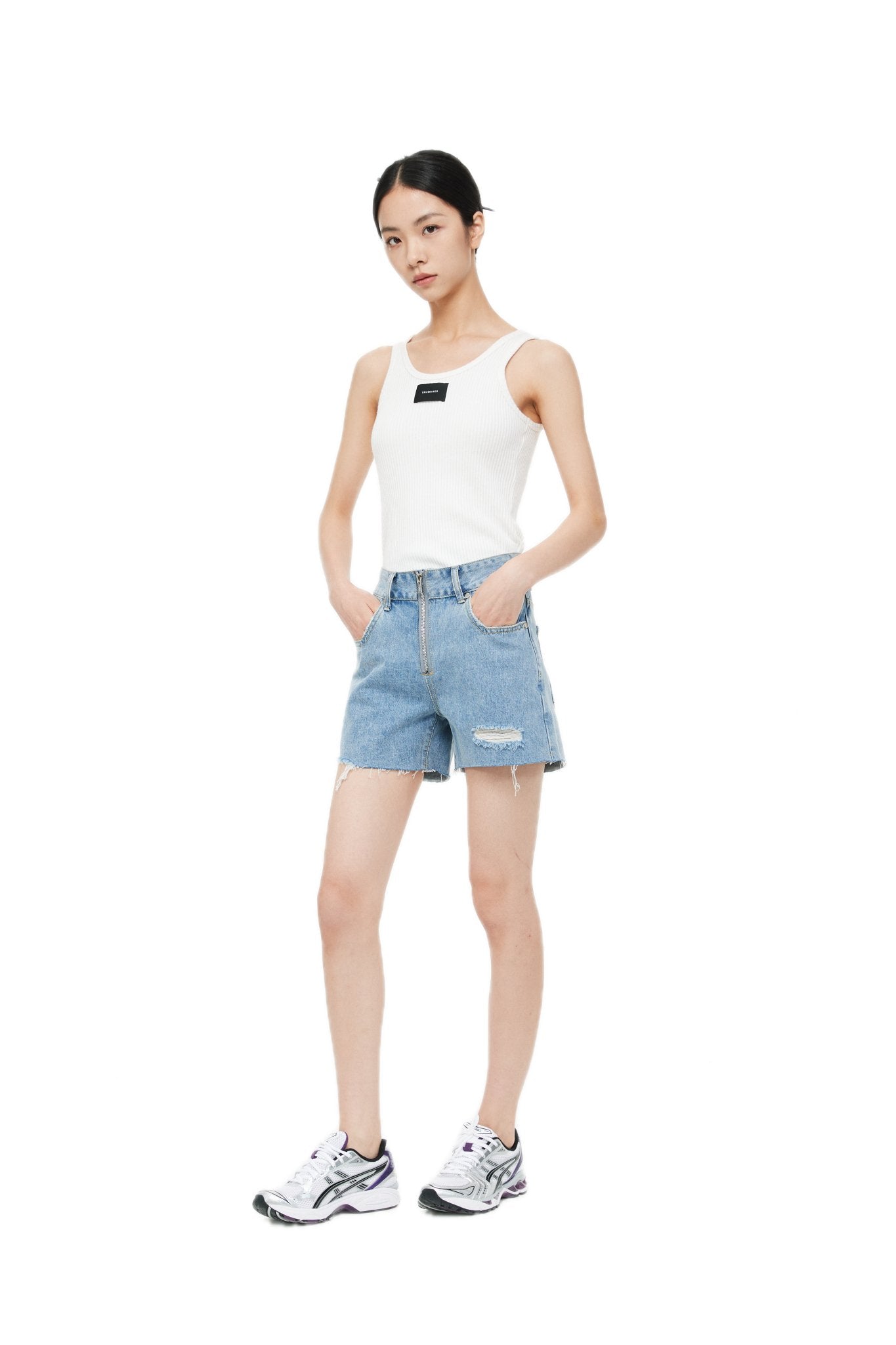 UNAWARES Blue Customized Laser Logo Zip Brushed Ripped Denim Shorts | MADA IN CHINA