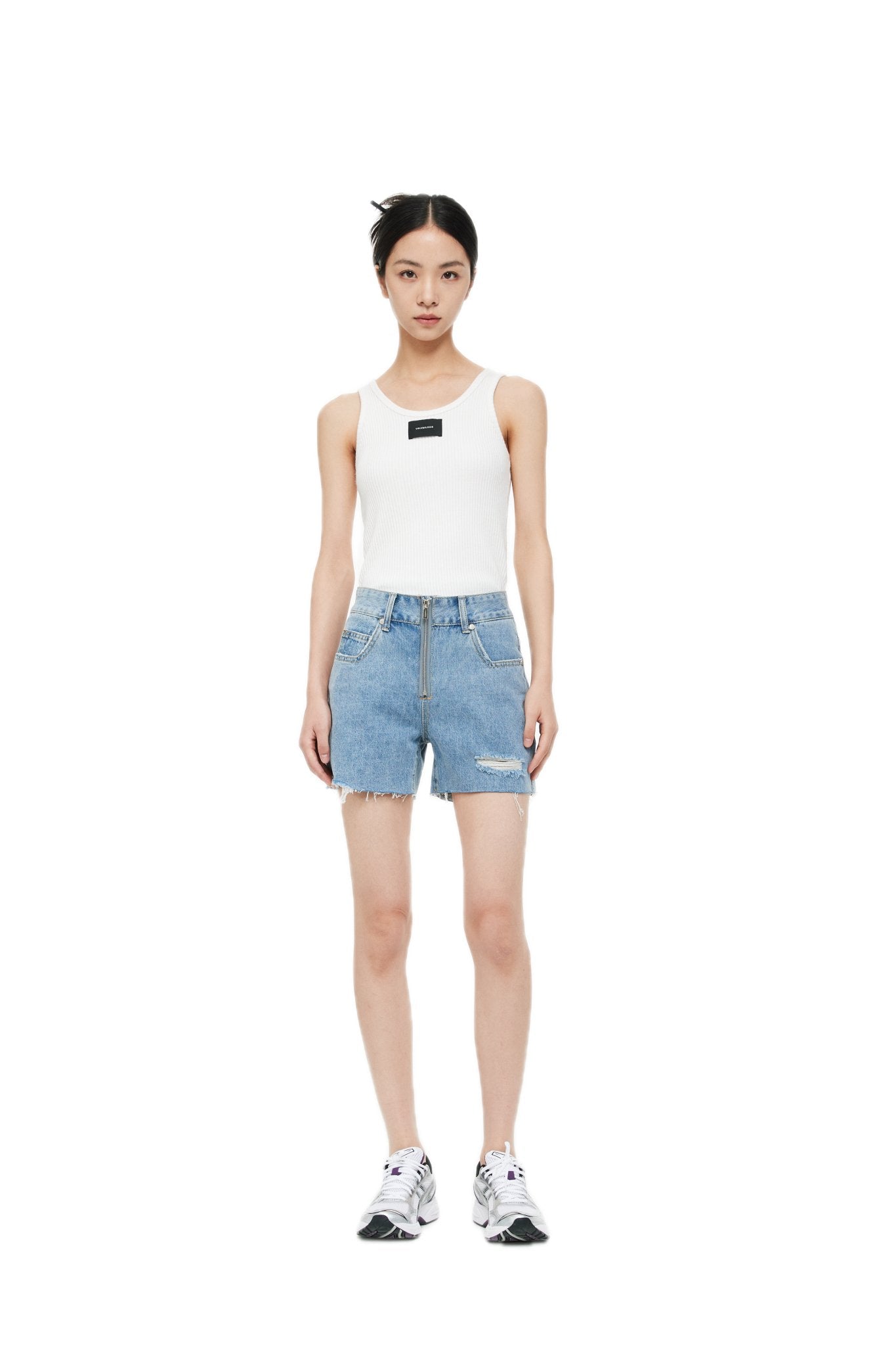 UNAWARES Blue Customized Laser Logo Zip Brushed Ripped Denim Shorts | MADA IN CHINA