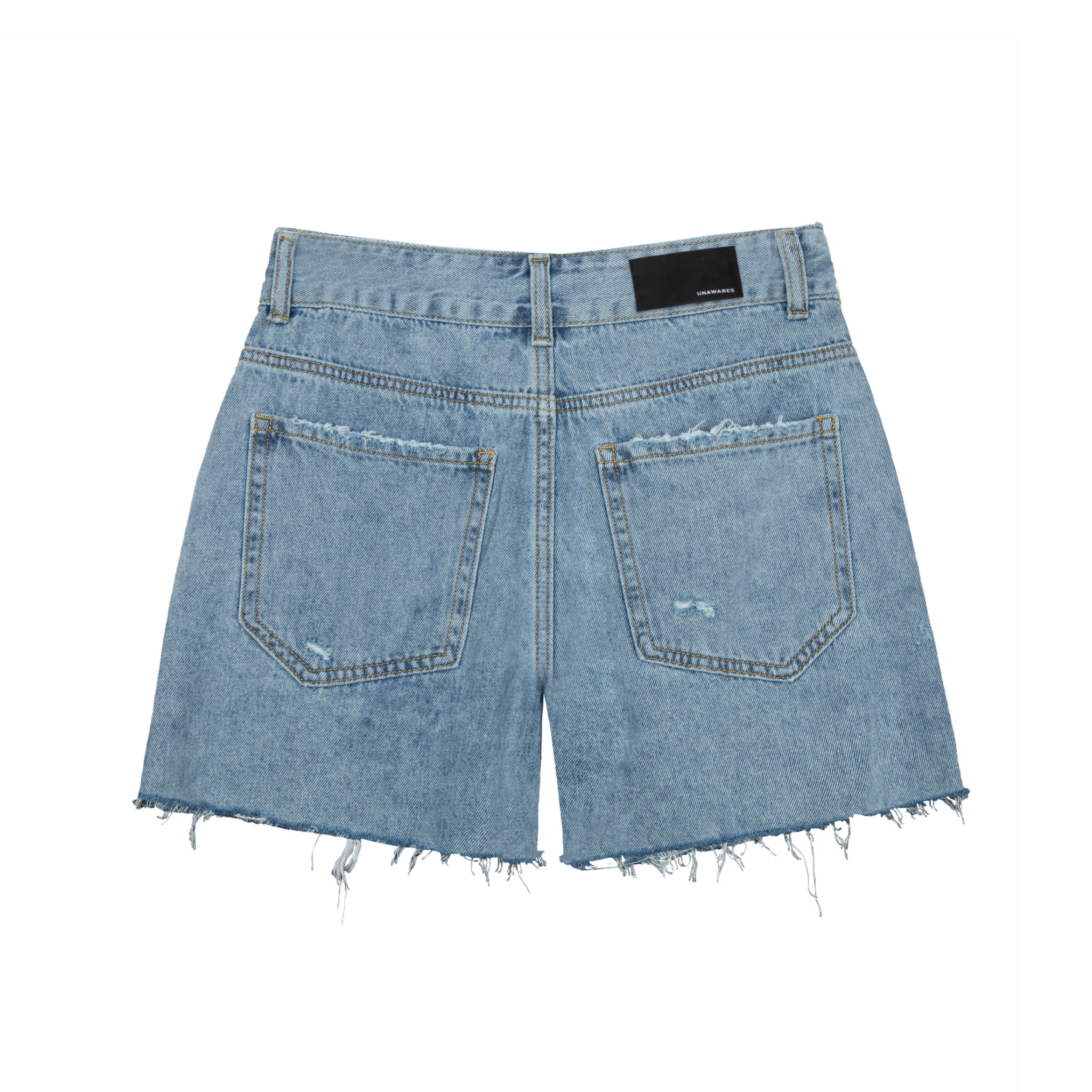 UNAWARES Blue Customized Laser Logo Zip Brushed Ripped Denim Shorts | MADA IN CHINA