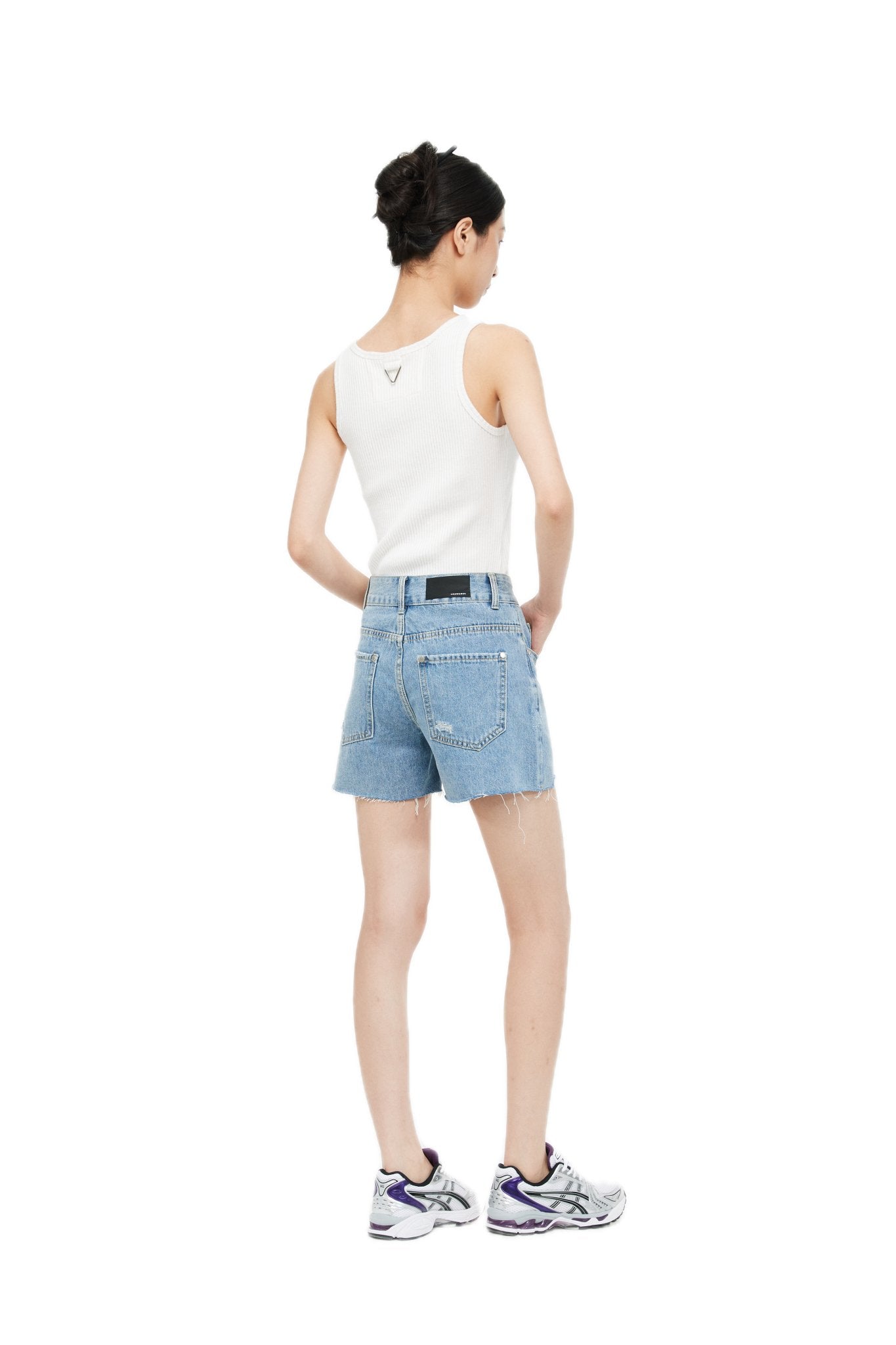 UNAWARES Blue Customized Laser Logo Zip Brushed Ripped Denim Shorts | MADA IN CHINA