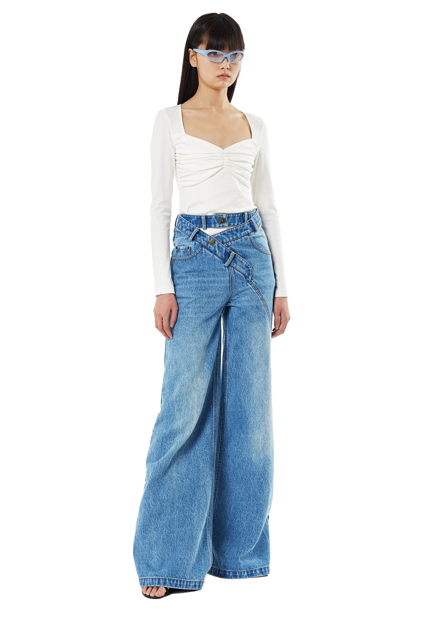 MARRKNULL Blue Hollowed Out Denim Pants | MADA IN CHINA