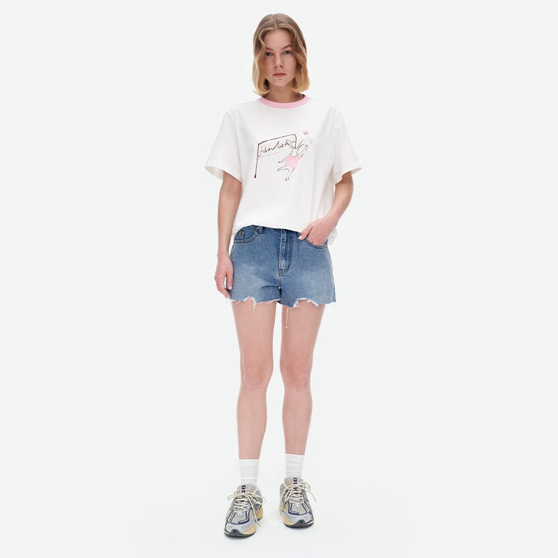 HERLIAN Blue Logo Print Tassel Short Jeans | MADA IN CHINA