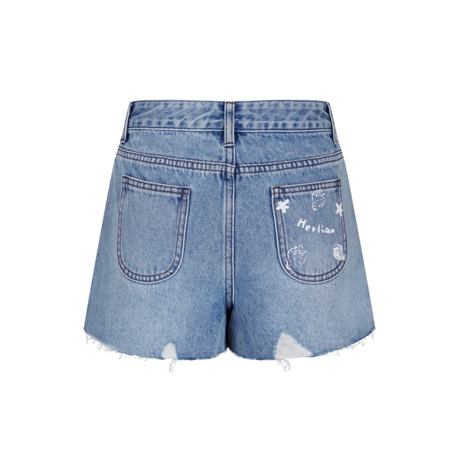 HERLIAN Blue Logo Print Tassel Short Jeans | MADA IN CHINA