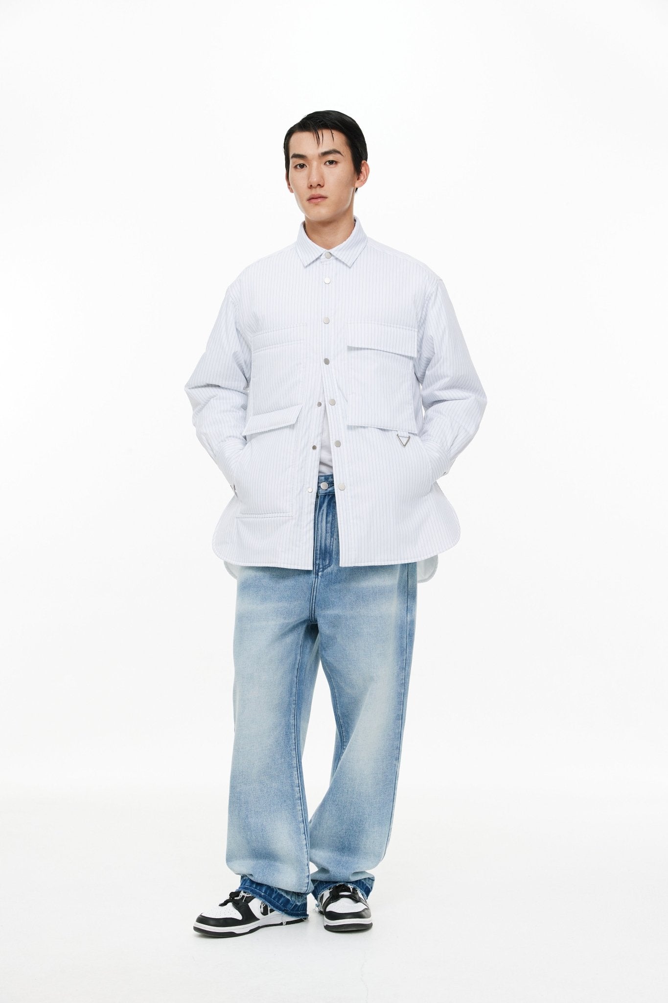 UNAWARES Blue Multi-Pocket Striped Padded Shirt | MADA IN CHINA