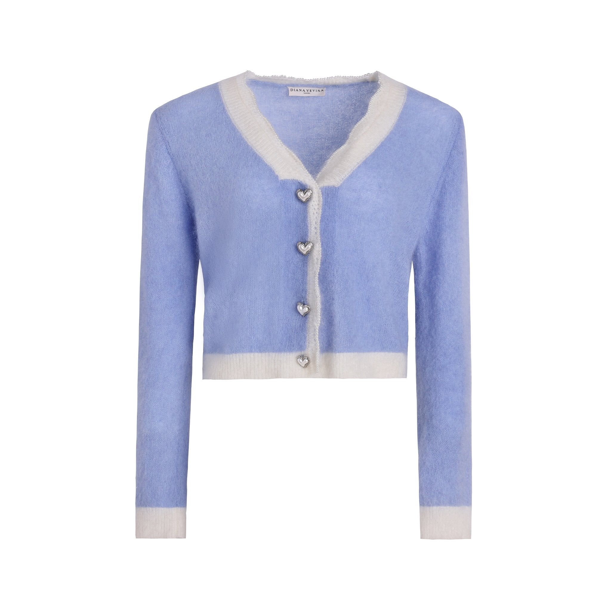 DIANA VEVINA Blue Pearl Trim Heart Button Cardigan | MADA IN CHINA