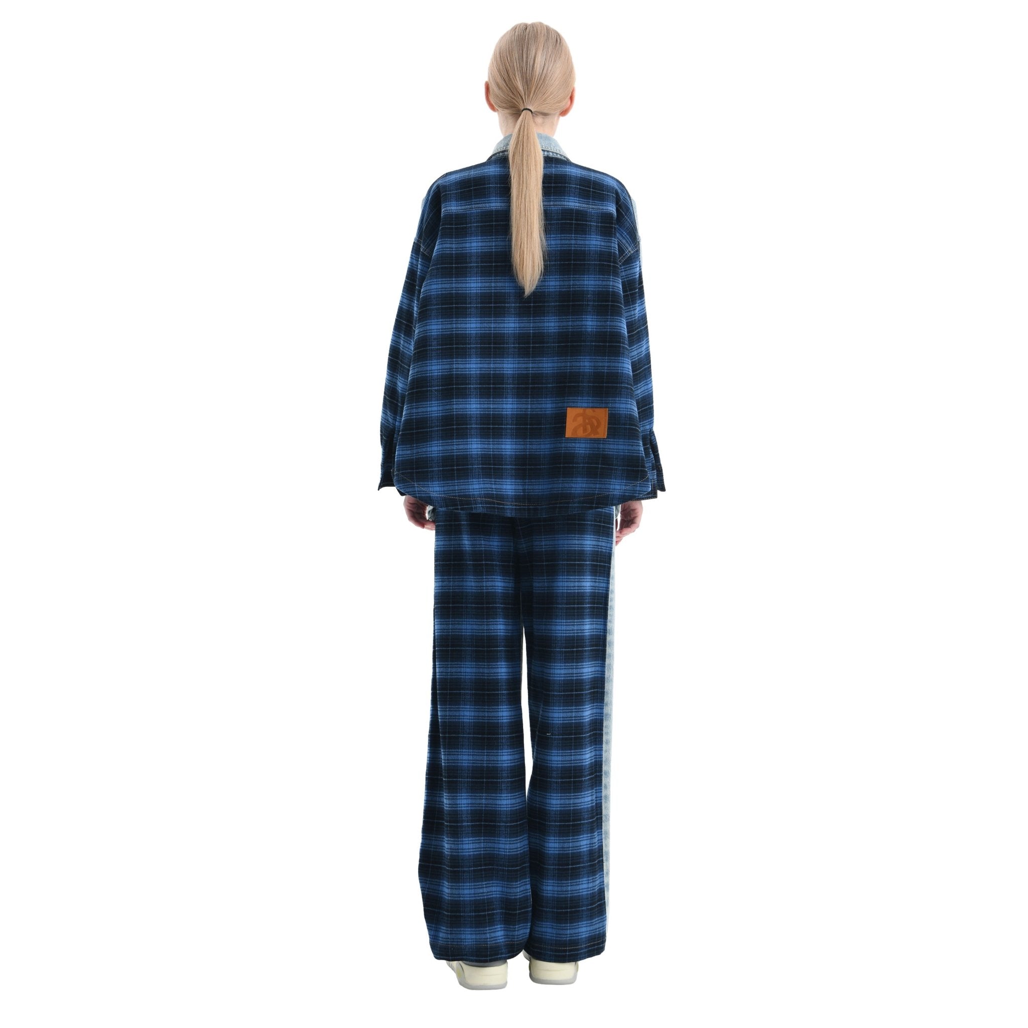 ANN ANDELMAN Blue Plaid Patchwork Denim Shirt | MADA IN CHINA