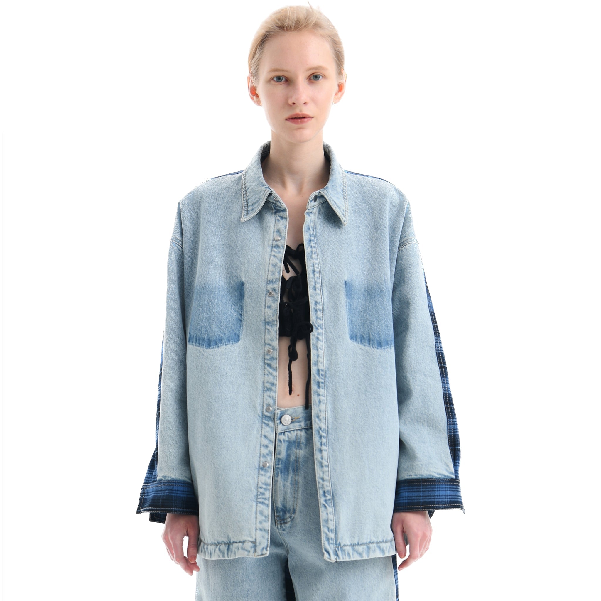 ANN ANDELMAN Blue Plaid Patchwork Denim Shirt | MADA IN CHINA