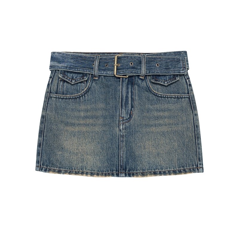 SOMESOWE Blue Retro Wide Belt Jean Skirt | MADA IN CHINA