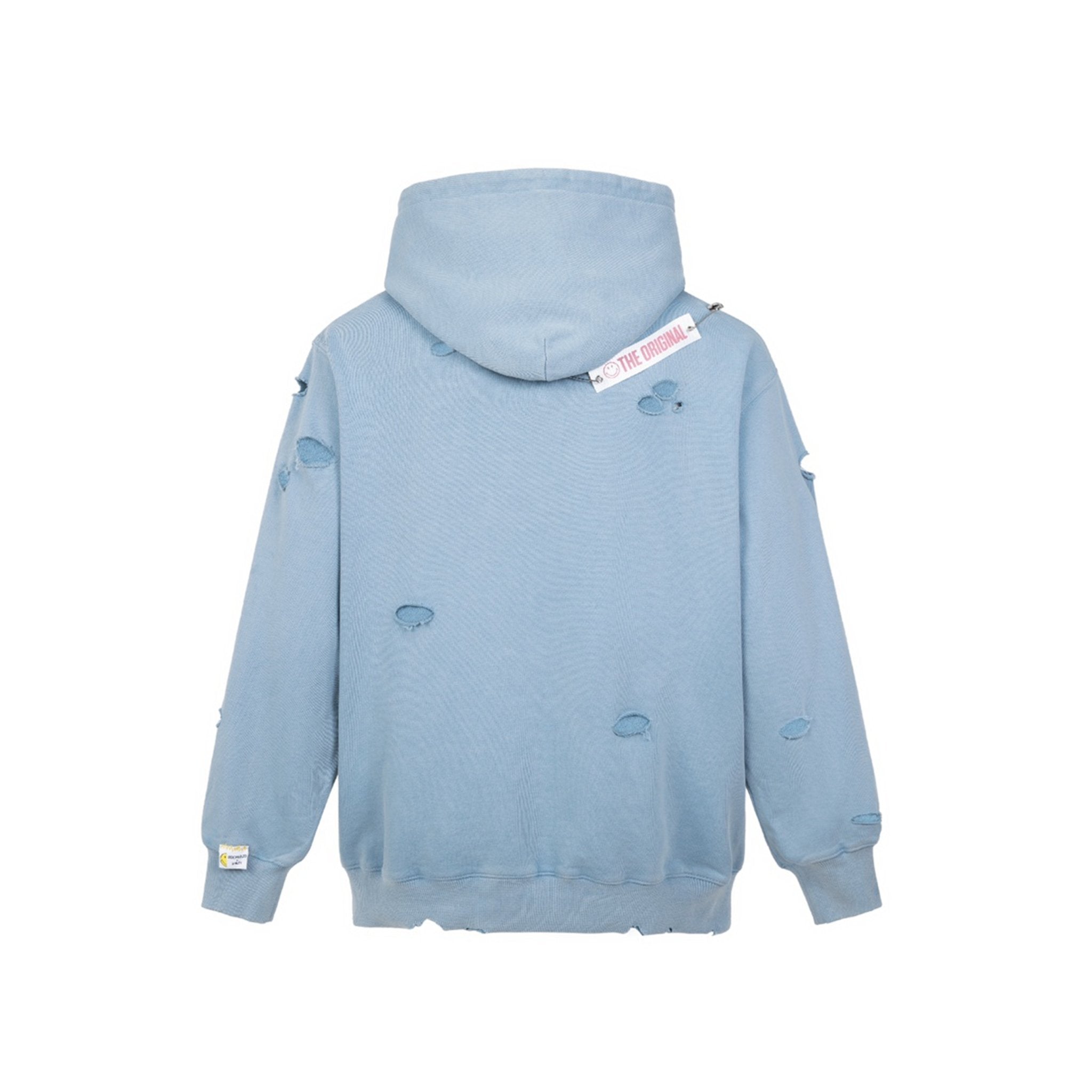 13DE MARZO x Smiley Broken Pin Badge Bear Hoodie Cerulean | MADA IN CHINA