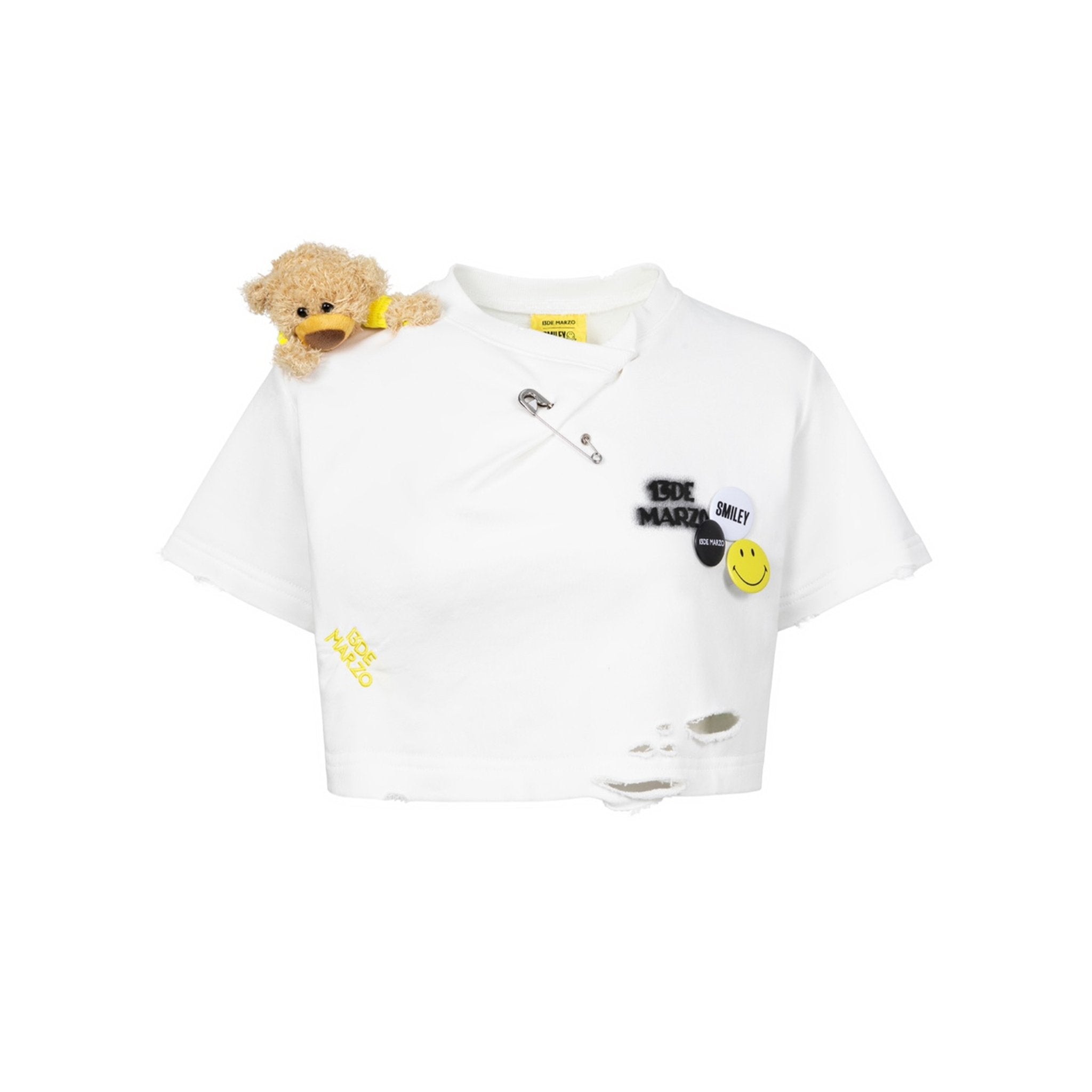 13DE MARZO Broken Pin Badge Bear Short T-shirt White | MADA IN CHINA