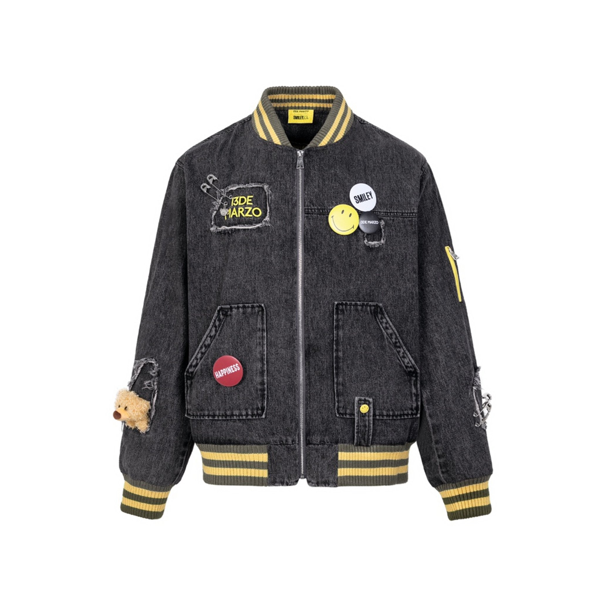 13DE MARZO x Smiley Broken Pin Denim Jacket Black | MADA IN CHINA