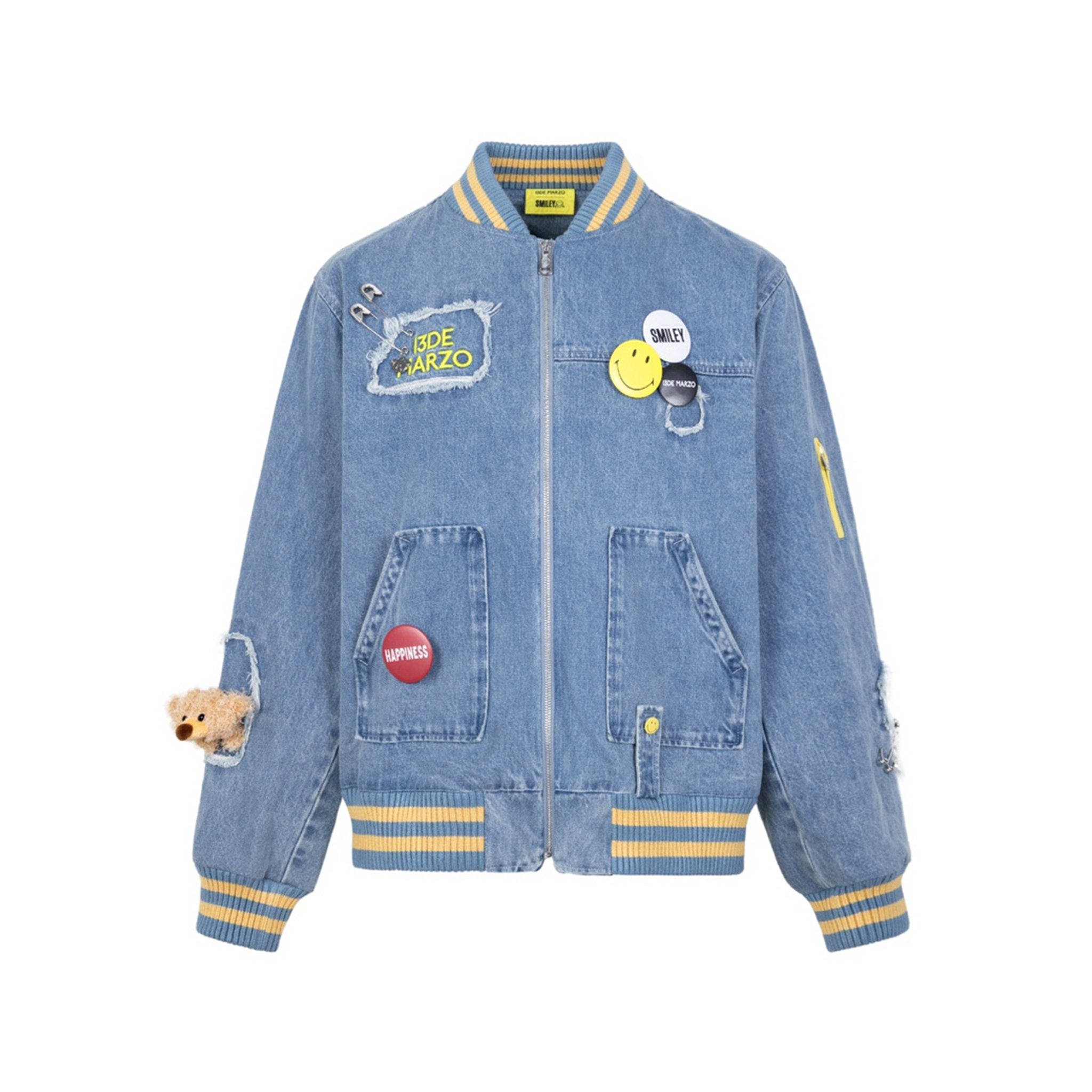 13DE MARZO x Smiley Broken Pin Denim Jacket Milky Blue | MADA IN CHINA